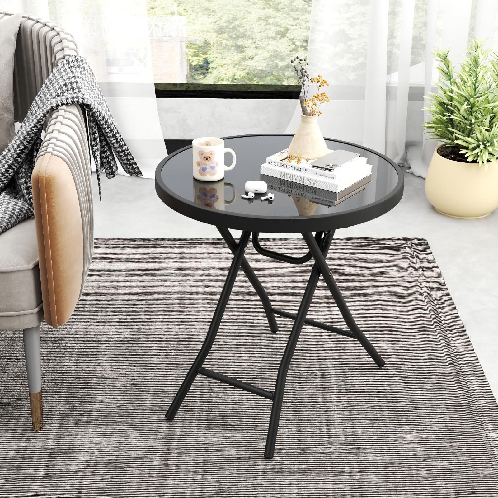 RELAX4LIFE Tavolo da Giardino, Tavolino da Balcone Rotondo Pieghevole con Piano in Vetro Temperato, Struttura Metallica, Piedini Antiscivolo, Portata 50 kg per Interni ed Esterni, Φ46x48cm (Nero)