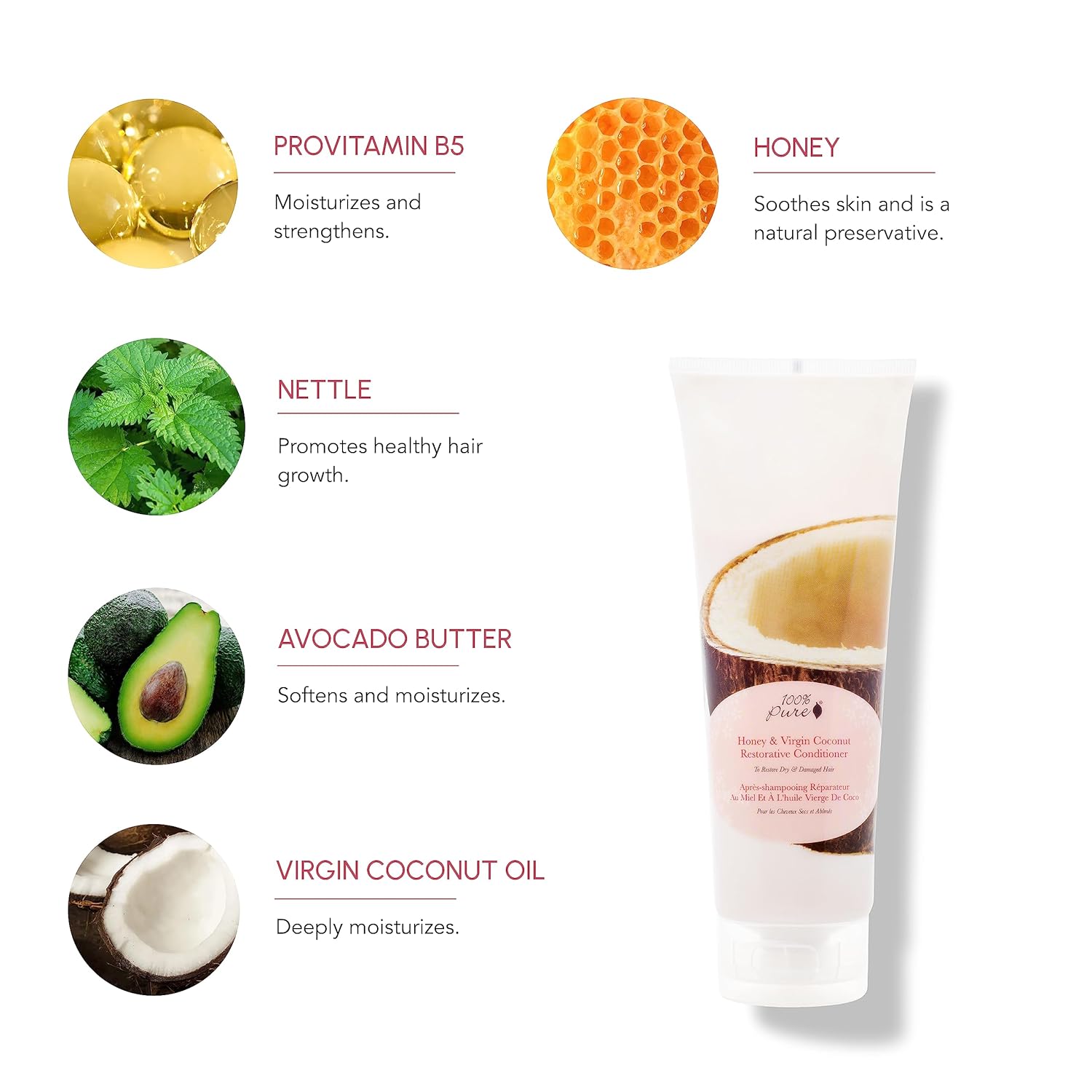 100% PURE Honey & Virgin Coconut Restorative Conditioner Moisturizer & Repair Replenishing Nutrient Boost for Dry Damaged Hair, Promotes Healthy Growth for Women & Men - Sulfate Free - 8 Fl Oz - Image 3