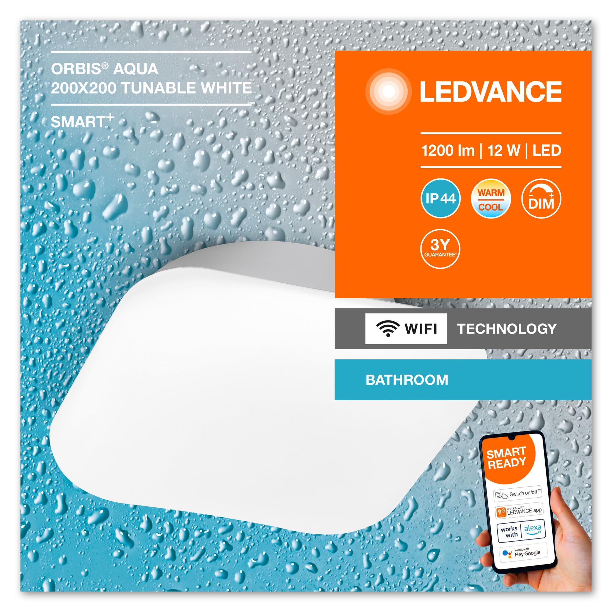LEDVANCE Oprawa oświetleniowa: BATHROOM DECORATIVE CEILING AND WALL WITH WIFI TECHNOLOGY / 12 W, 220…240 V, kąt rozsyłu światła: 110°, Program Tunable White, 3000…6500 K, materiał: steel, IP44