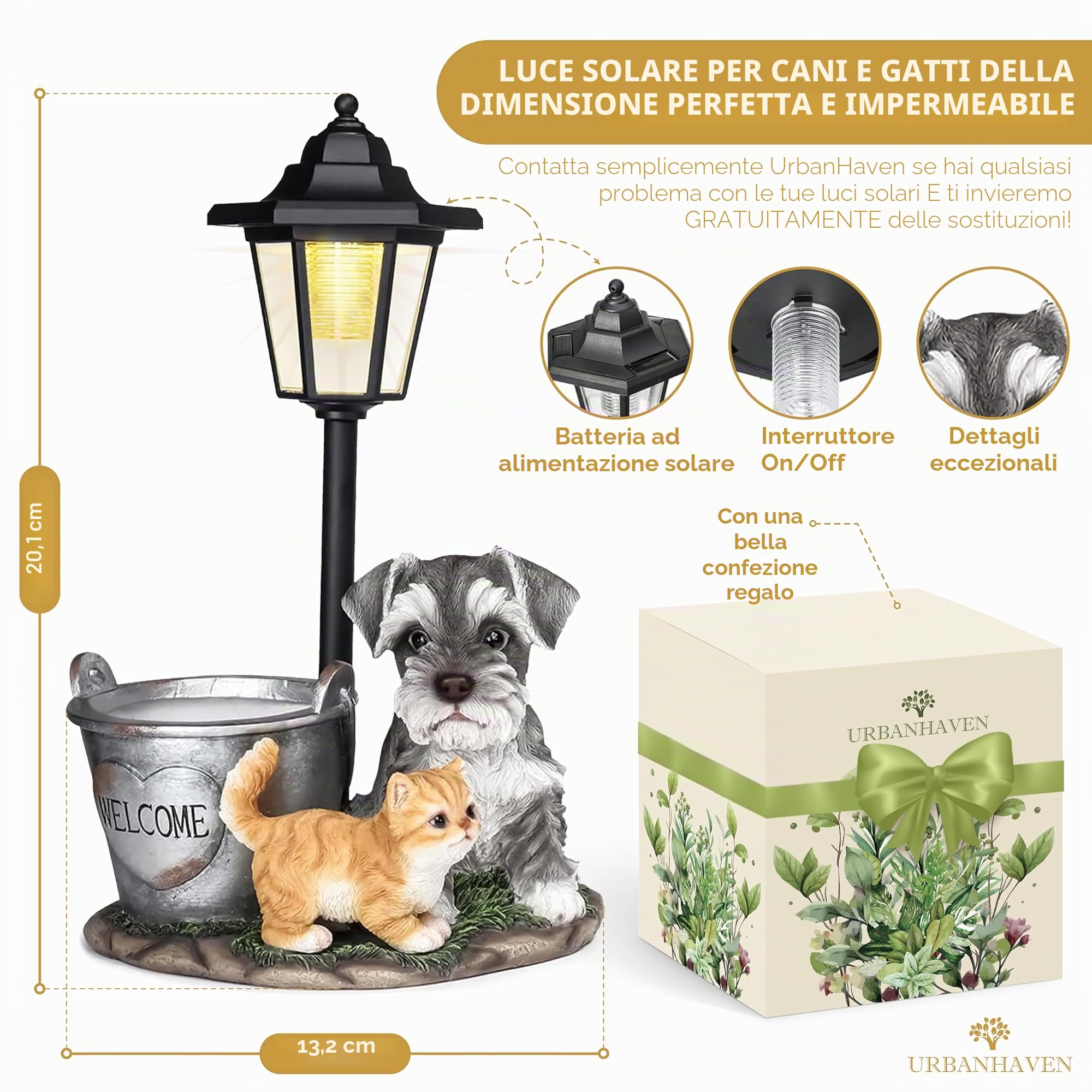 UrbanHaven Lanterna solare per esterni a forma di cane e gatto, ornamenti da giardino in resina con luce solare | Luci da giardino e regali con confezione regalo