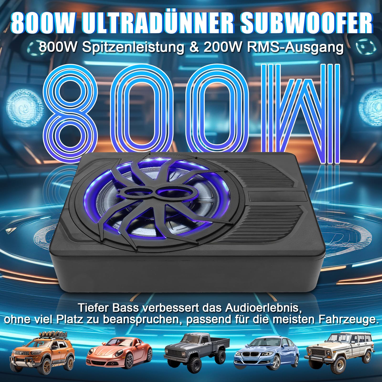 10 Zoll 800W Ultra-Dünner Aktiv-Subwoofer Für Auto/Truck Mit Verstärker, 24dB Starker Bass, Tiefpassfilter 50Hz-150Hz, Controller, Mit Schutzfunktionen, LED Ambiente Licht (Blauem Licht)
