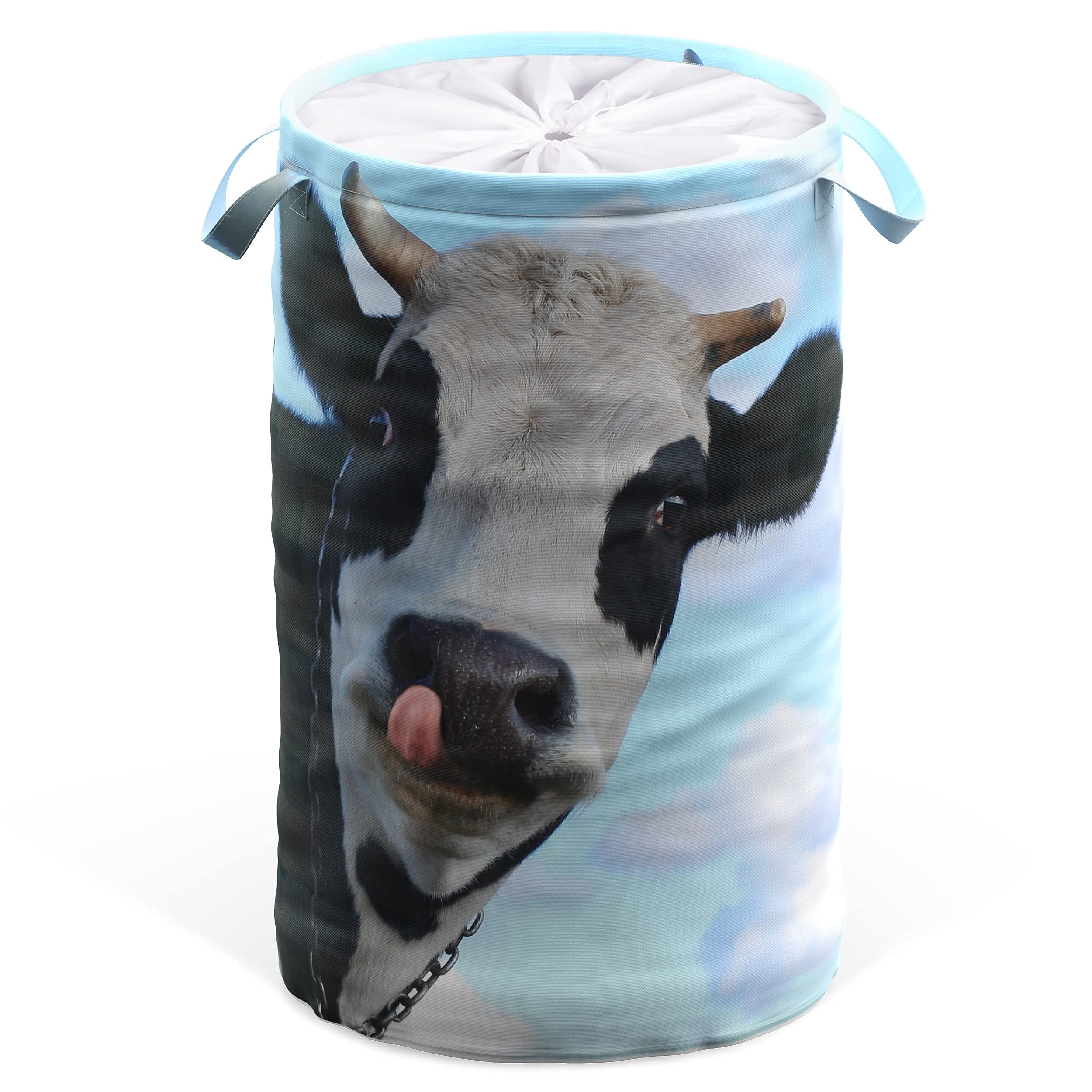 SANILO® Kosz na pranie z pokrywką, stabilny, okrągły kosz na pranie, 60 l, składany worek na pranie z uchwytami (krowa)