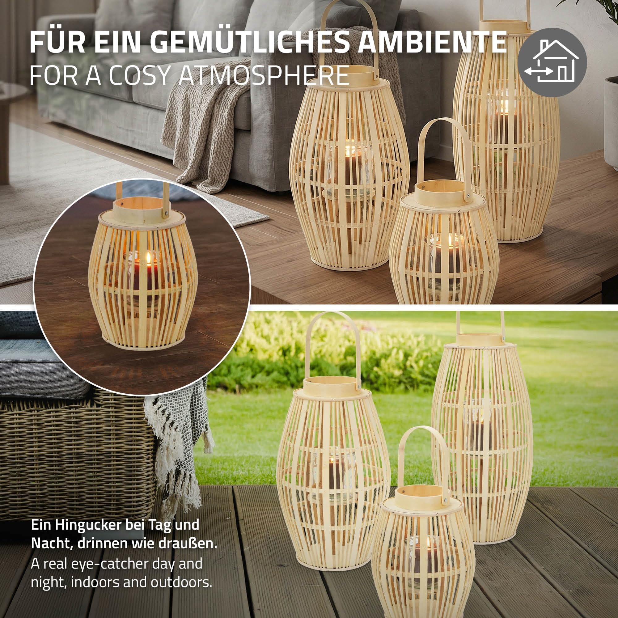 ECD Germany Linterna de Bambú de Madera, 44cm de Altura, Portavelas de Jardín con Asa y Inserto de Cristal, Farolillo de Estilo Boho, Lámpara Colgante Interior/Exterior Decorativo para Terraza, Balcón