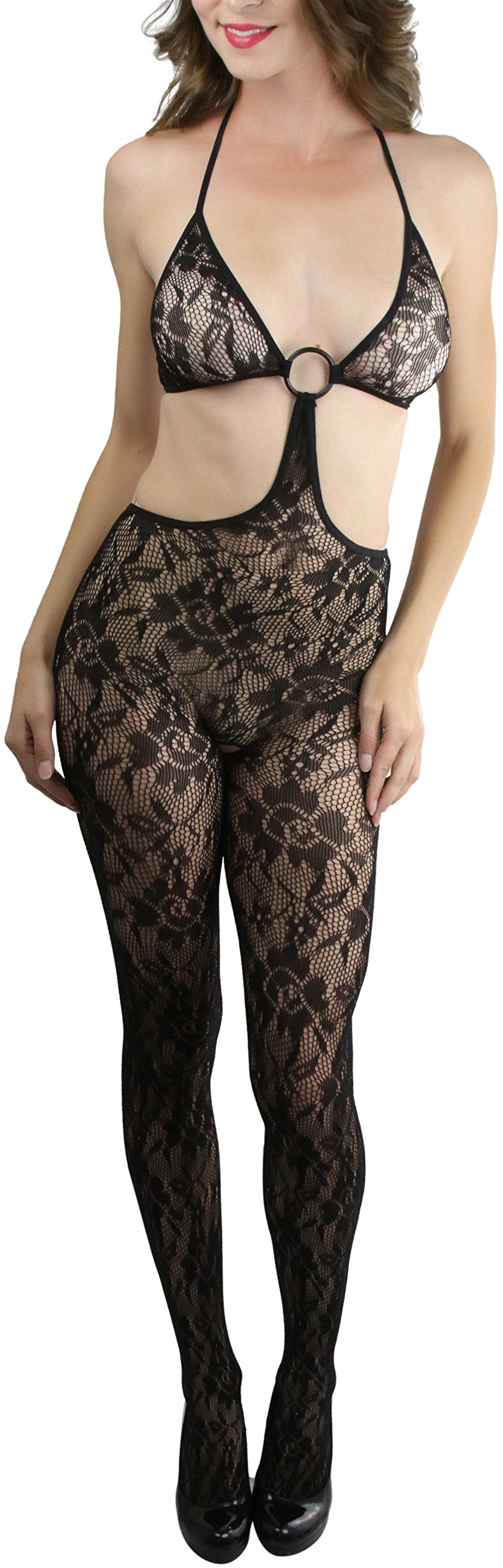 ToBeInStyle Women’s Bodystocking Crotchless Peek-A-Boo Fishnet Lace Bodysuit