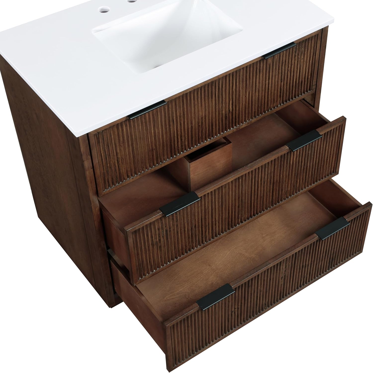 Meridian Furniture 436Brown-36 Willard Collection Modern | Contemporary Bathroom Vanity with Rich Black Finish, Brushed Gold Handles, White Engineered Stone Top, 36" W x 21" D x 35" H, Brown