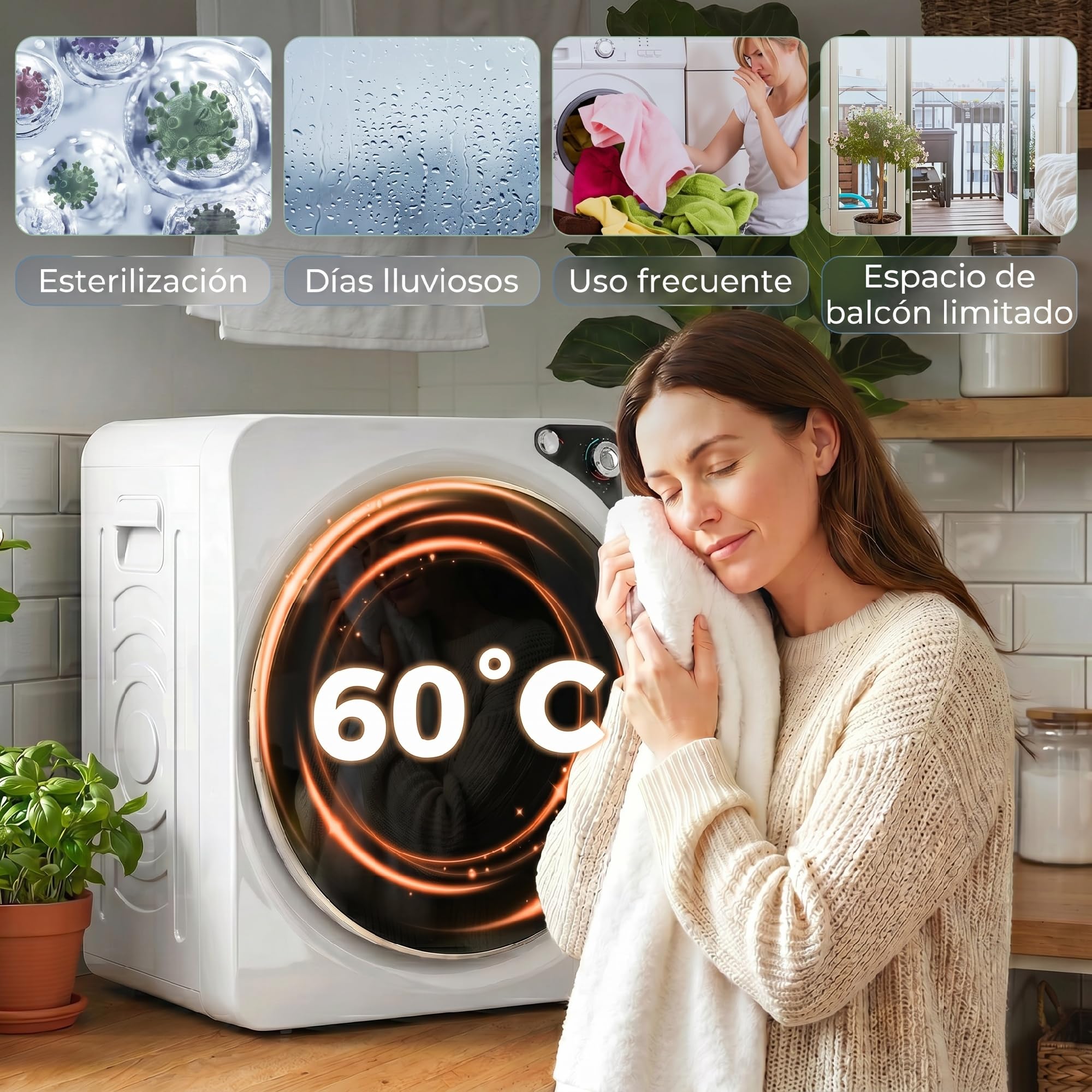 HOMCOM Secadora de Ropa 5 kg, Secadora de Evacuación Compacta 1000W, 5 Programas, Temporizador, Función Esterilizar, Tambor de Acero Inoxidable, Apilable o para Piso, Blanco
