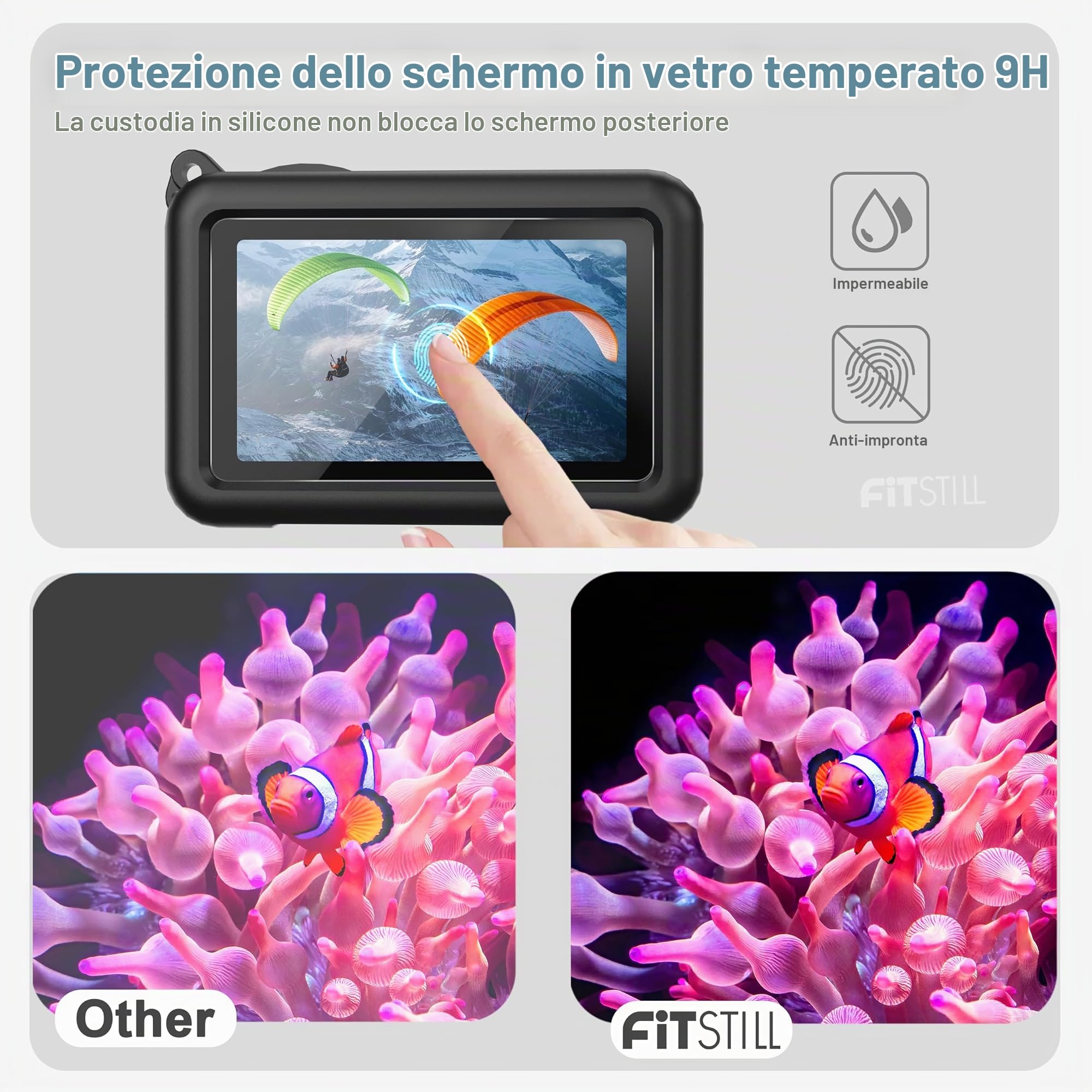 FiTSTILL Custodia in gomma siliconica+3 pellicole protettive in vetro temperato compatibili per DJI Osmo Action 6, custodia in gomma, copriobiettivi, pellicole protettive per schermo e cordino, per