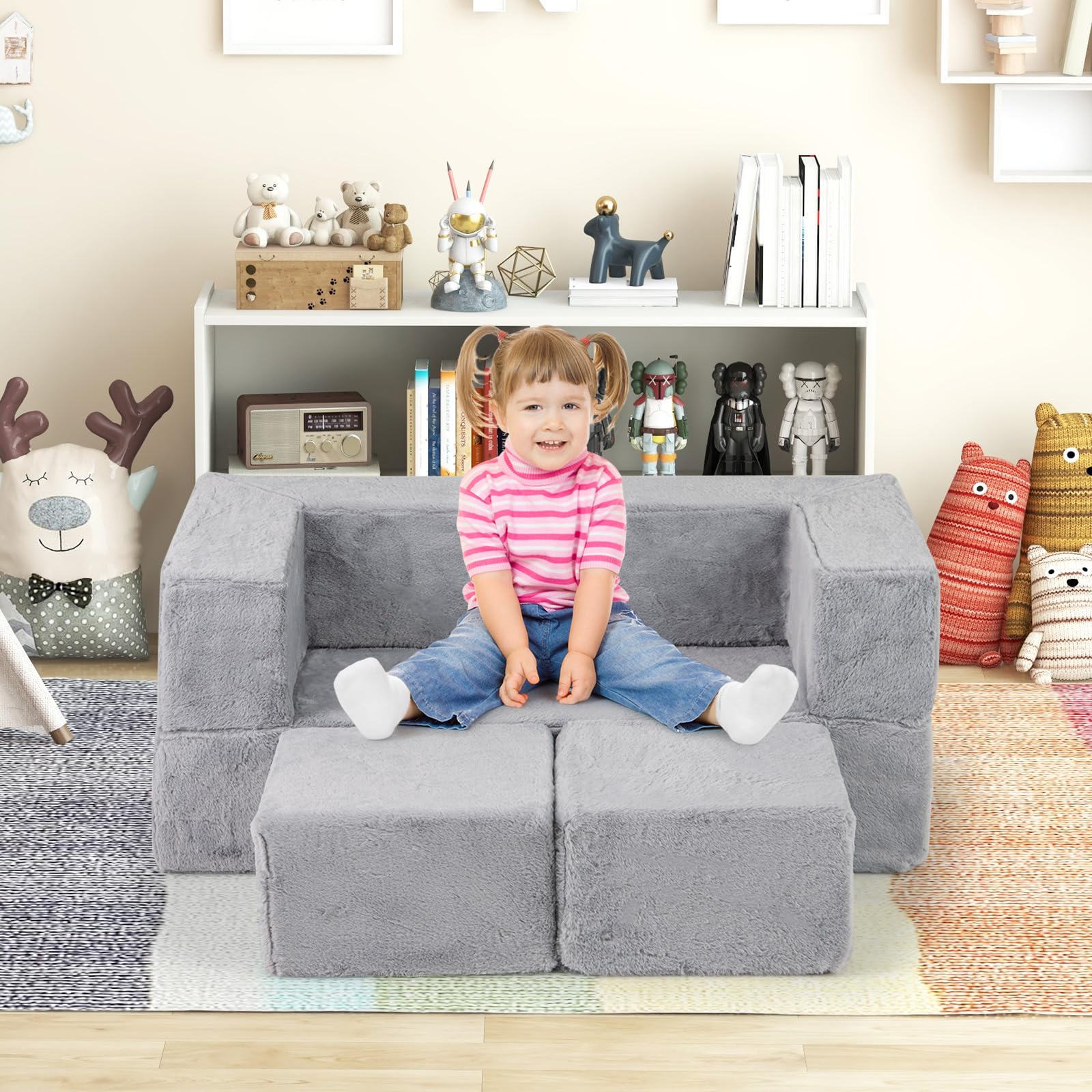COSTWAY Modulares Kindersofa, Spielsofa aus Schaumstoff mit abnehmbarem Plüschbezug, Ausklappbares Modulsofa für Jungen & Mädchen, Kindersessel für Spielzimmer, Schlafzimmer, Kinderzimmer
