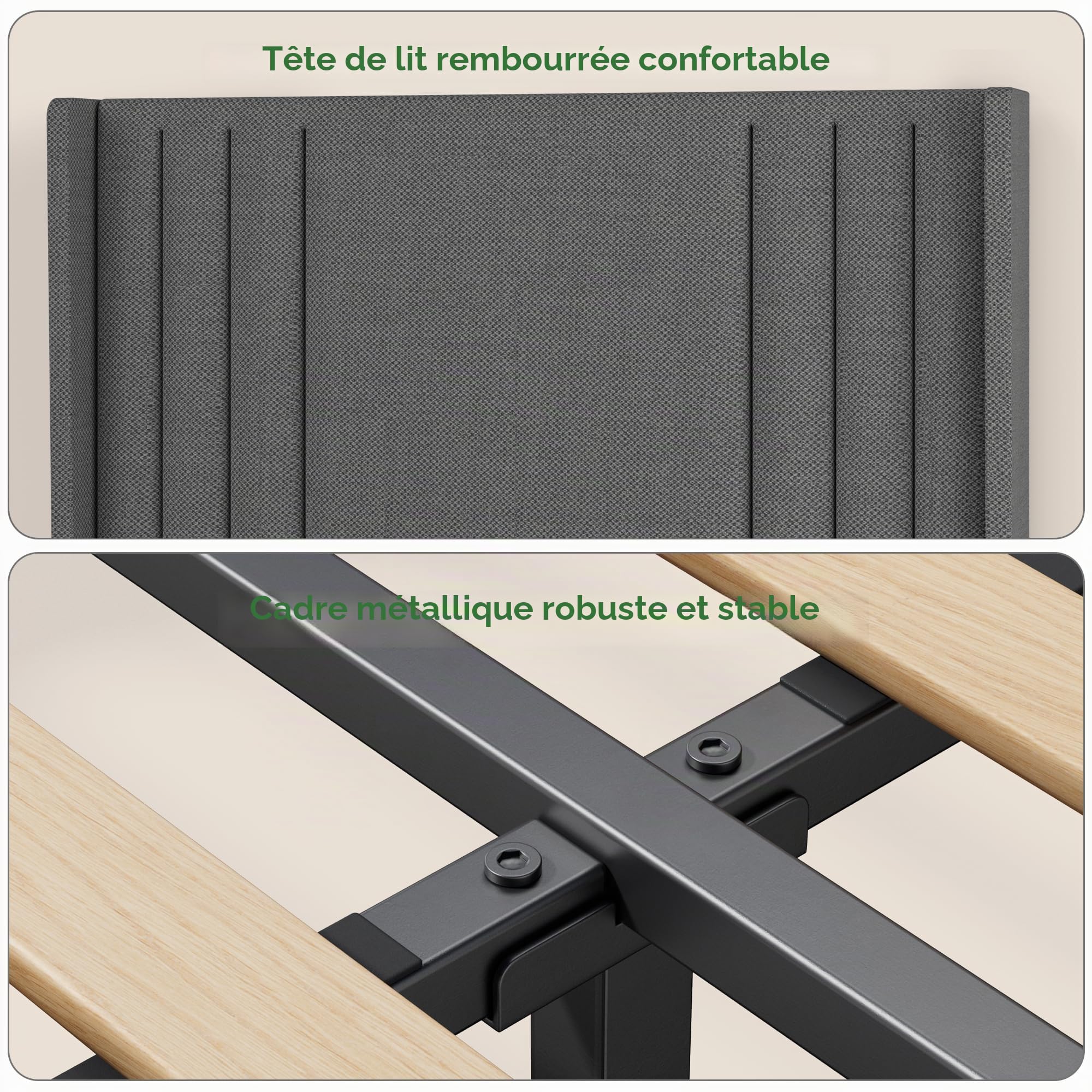 Lit capitonné 90x200 cm, Cadre de Lits avec tête de lit et sommier à Lattes, en Tissu Solide, Cadre de lit rembourré, pour Adolescent et Chambre d'amis, Gris Foncé