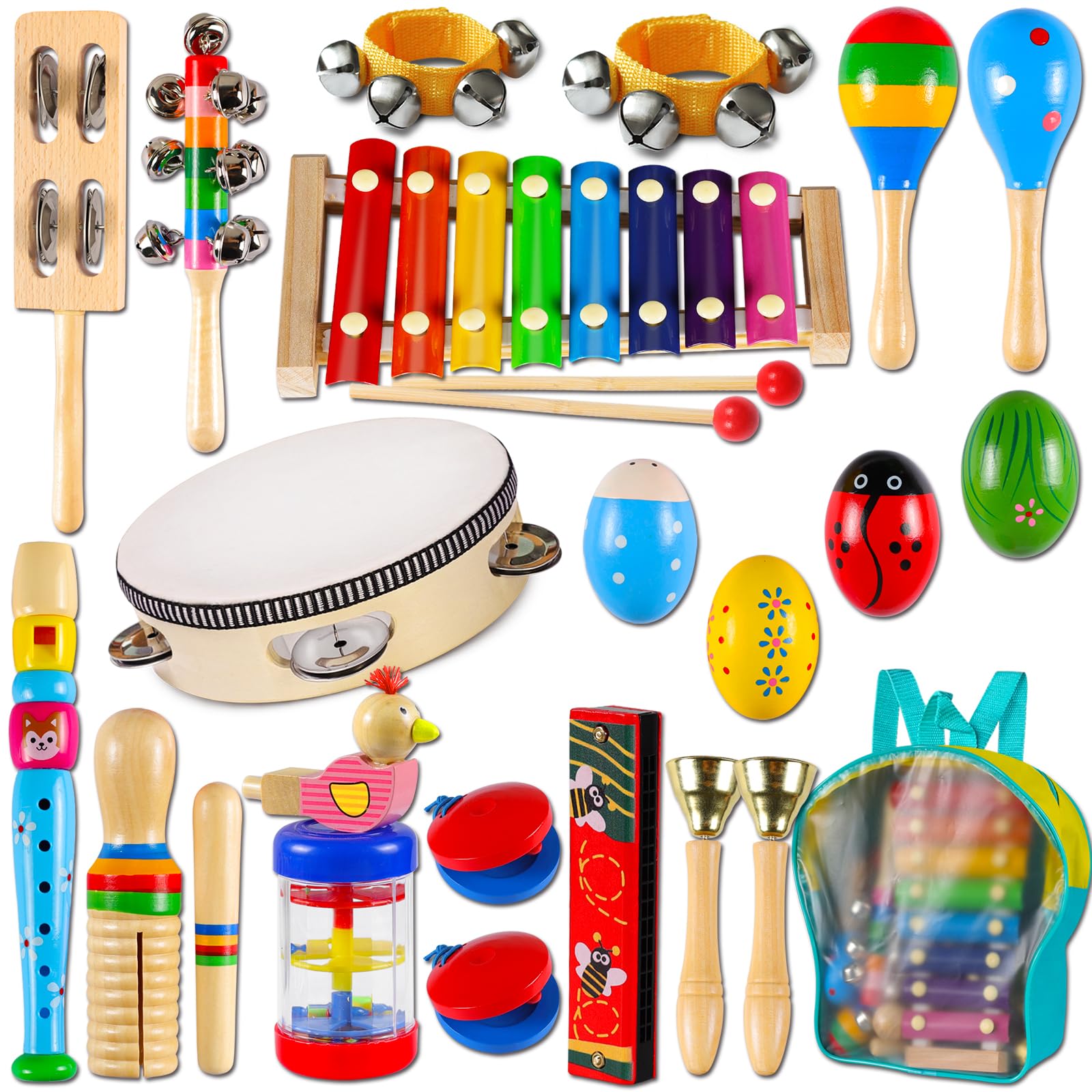 LOOIKOOS Toddler Musical Instruments,Wooden Percussion Instruments Toy for Kids Preschool Educational Musical Toys Set for Boys and Girls with Storage Bag