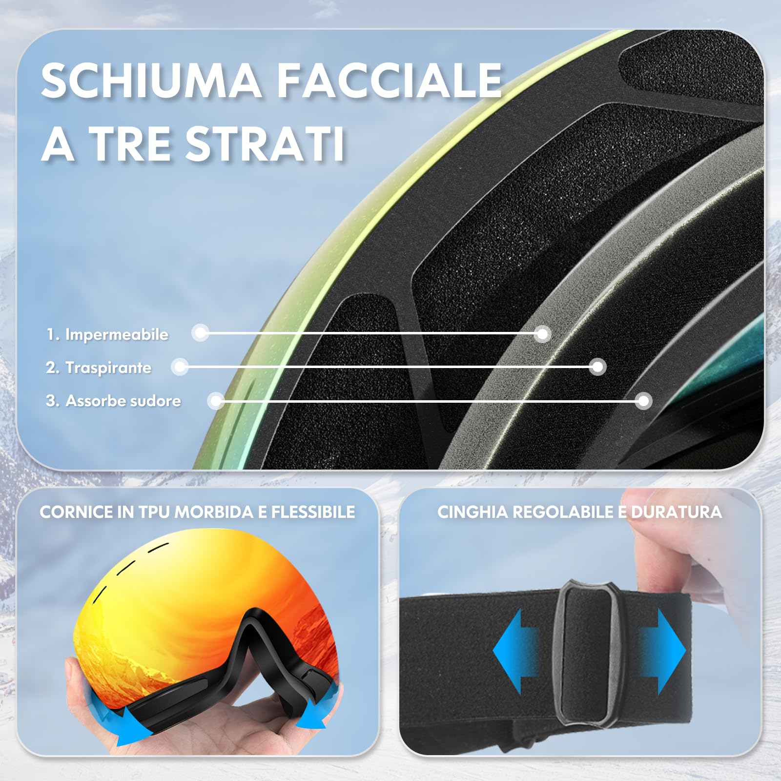 DADA-PRO Occhiali da sci Uomo Donna, Goggles per snowboard sopra gli occhiali OTG Anti-Appannamento, Goggles da sci senza cornice 100% Protezione UV