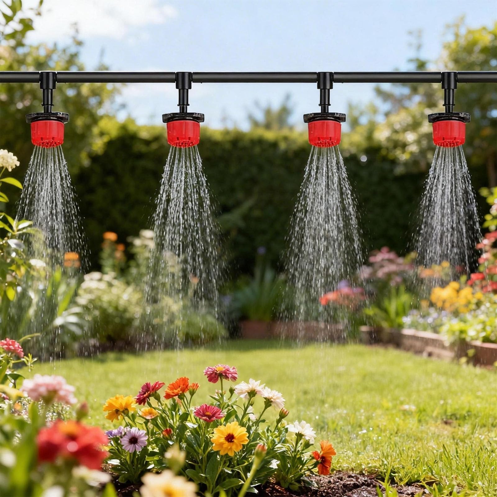Zestaw do nawadniania kropelkowego 50 m, automatyczny system nawadniania ogrodu z wężami 1/4", regulowanymi dyszami natryskowymi i wylotami kropelkowymi do podwyższonych grządek, tarasów