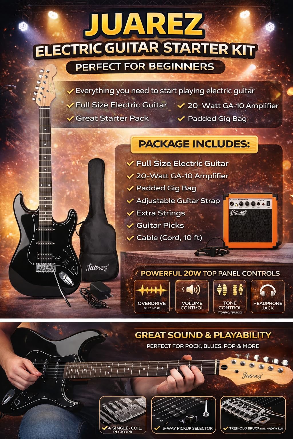 Juarez Basswood JRZ-ST01KIT-FBK Full-Size H-S-S Electric Guitar Kit for Beginners | Includes Amplifier, Cable, Strap, Picks & Gig Bag Full Black — Amazon image 7