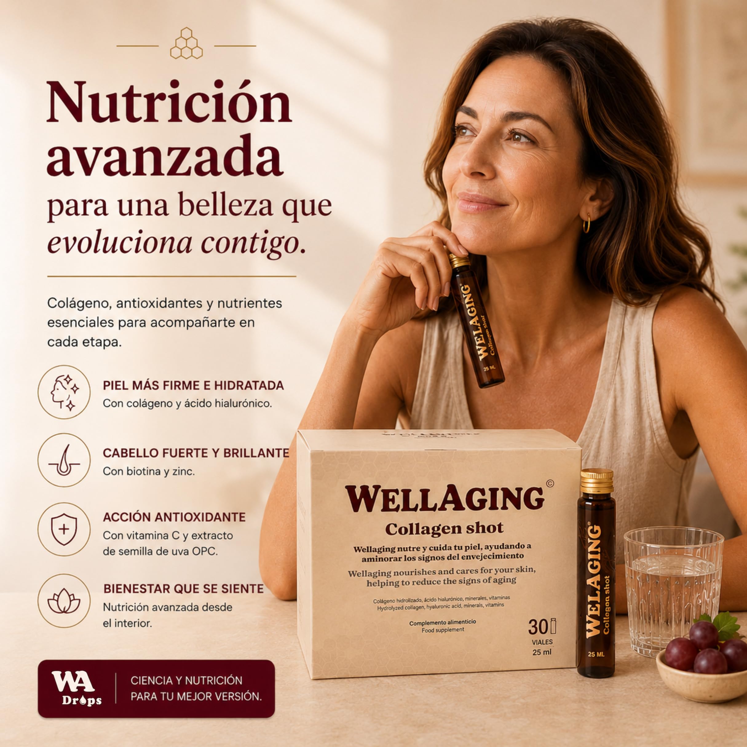 WellAging 30 Viales Colágeno Bovino Hidrolizado Tipo 1 5000 mg con Ácido Hialurónico, Vitamina C, Zinc y Biotina · Colageno Bebible Liquido · Piel, Cabello, Uñas y Articulaciones · Fabricado en España