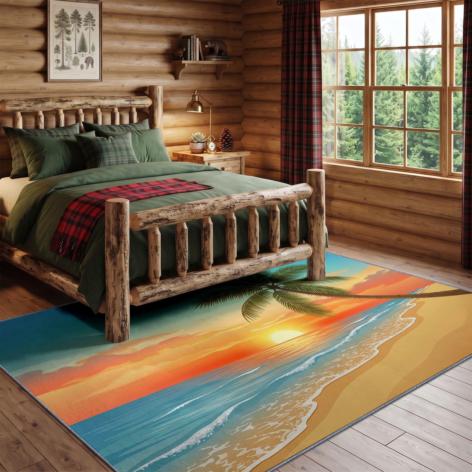 Tappeto per soggiorno, 160 x 230 cm, motivo tropicale, palme, spiaggia, tramonto, onde, a pelo corto, lavabile, moderno, antiscivolo, per sala da pranzo, cucina, camera da letto, arancione