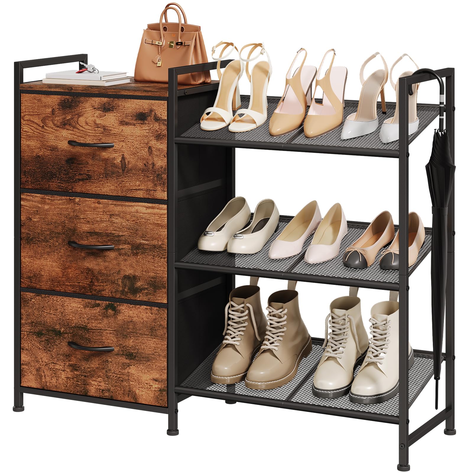 Somdot Shoe Rack, 3 Tier Shoe Organizer with 3 Drawers, Metal Shoe Storage Shelf for 6-9 Pairs of Shoes, Narrow Shoe Rack for entryway, Wood Grain