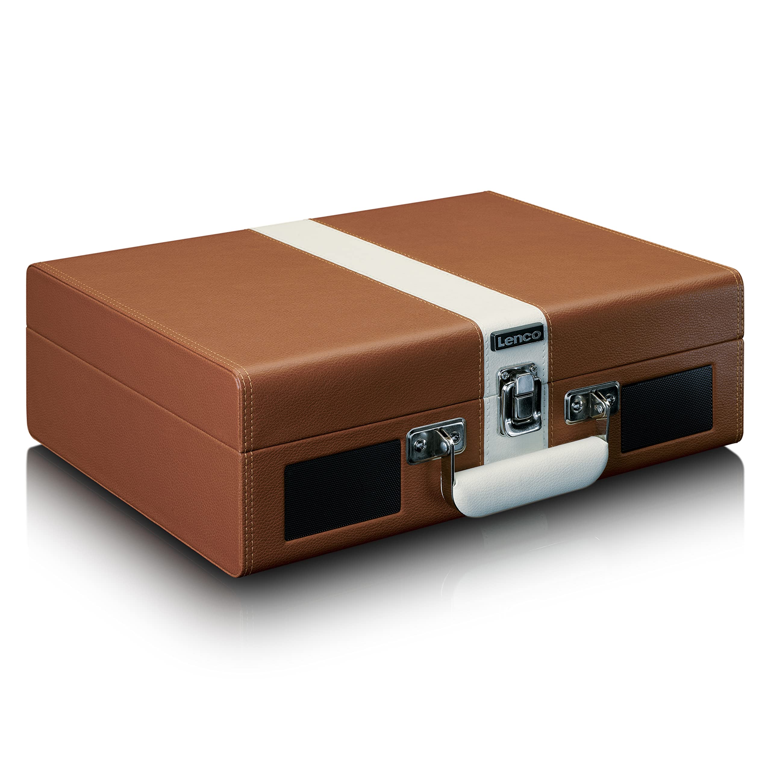Lenco Tt-120 Platine à Disque avec Batterie Intégrée Bluetooth 33, 45, 78 Rpm - entraînement Par Courroie - 2 Haut-Parleurs - aux-In, Rca-Out 3,5 Mm - Marron/Blanc