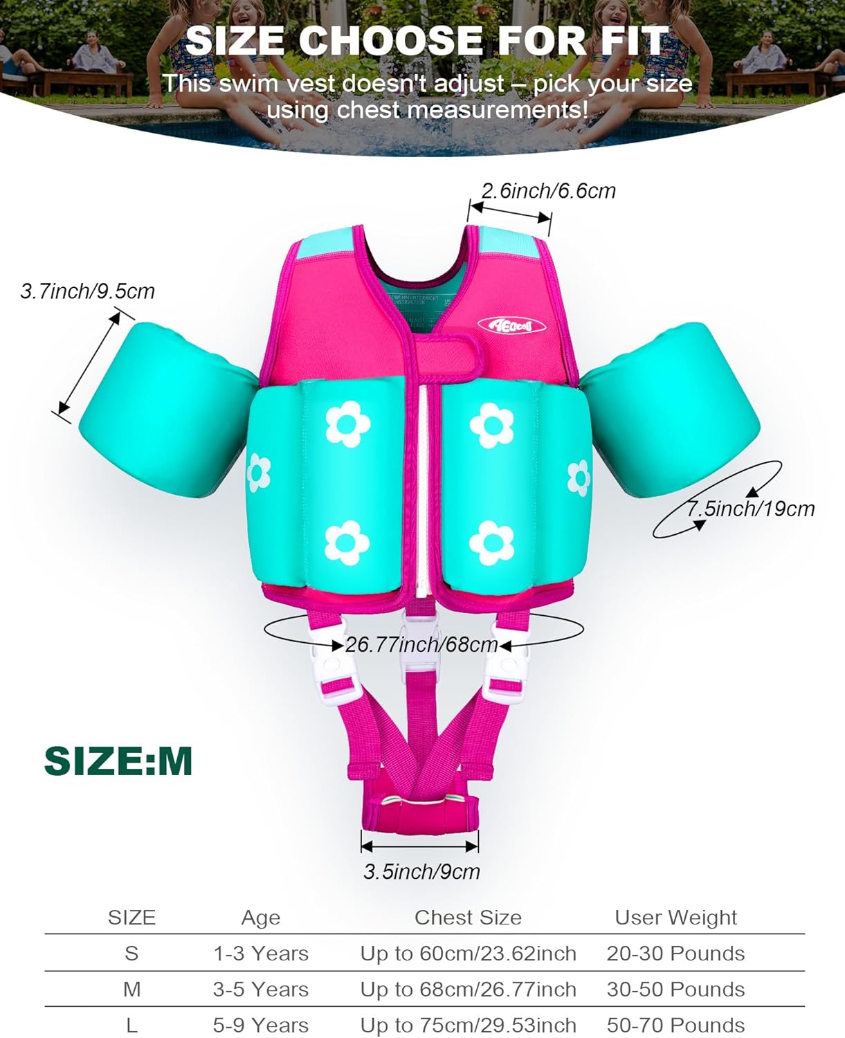Kids Pool Floaties 1-2-3-5-7-9 Years Old, Toddler Swim Vest 20-30-50-70 Pounds, Comfortable Extended Wear Kids Float Jacket with Crotch Strap, Bright & Colorful Design and Unpadded Sides for Comfort