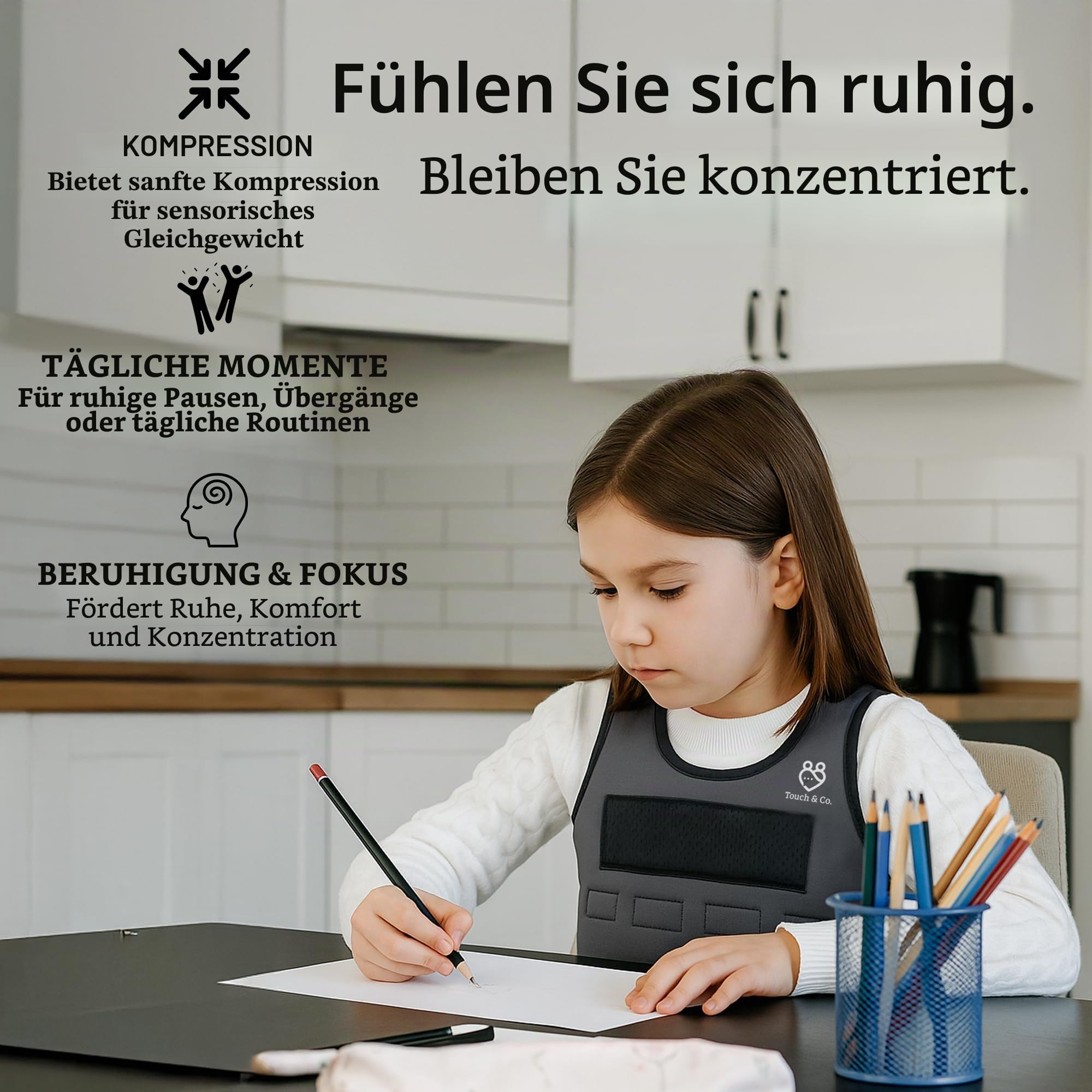 Touch & Co. Gewichtsweste für Kinder – voll verstellbare sensorische Kompressionsweste für Kinder – inklusive 0,9 kg abnehmbaren Gewichten – atmungsaktives, waschbares, geruchsfreies Neopren