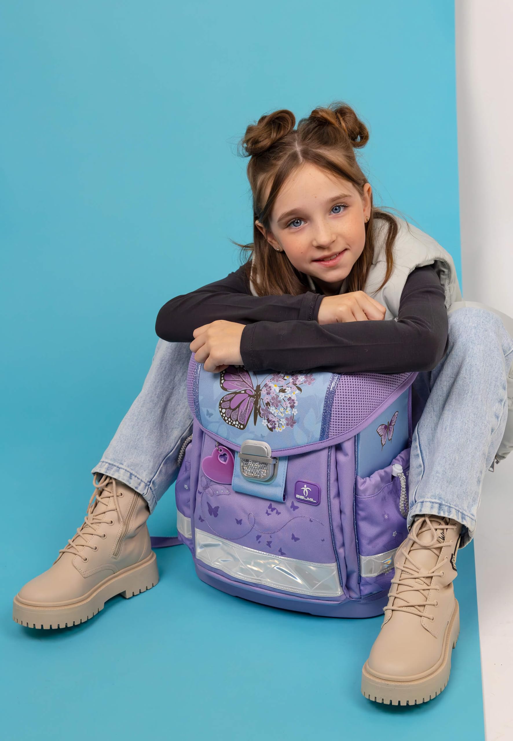 Belmil Classy Schulranzen Set 5 teilig mit extra Schlüsselanhänger (Purple Blue Butterfly)