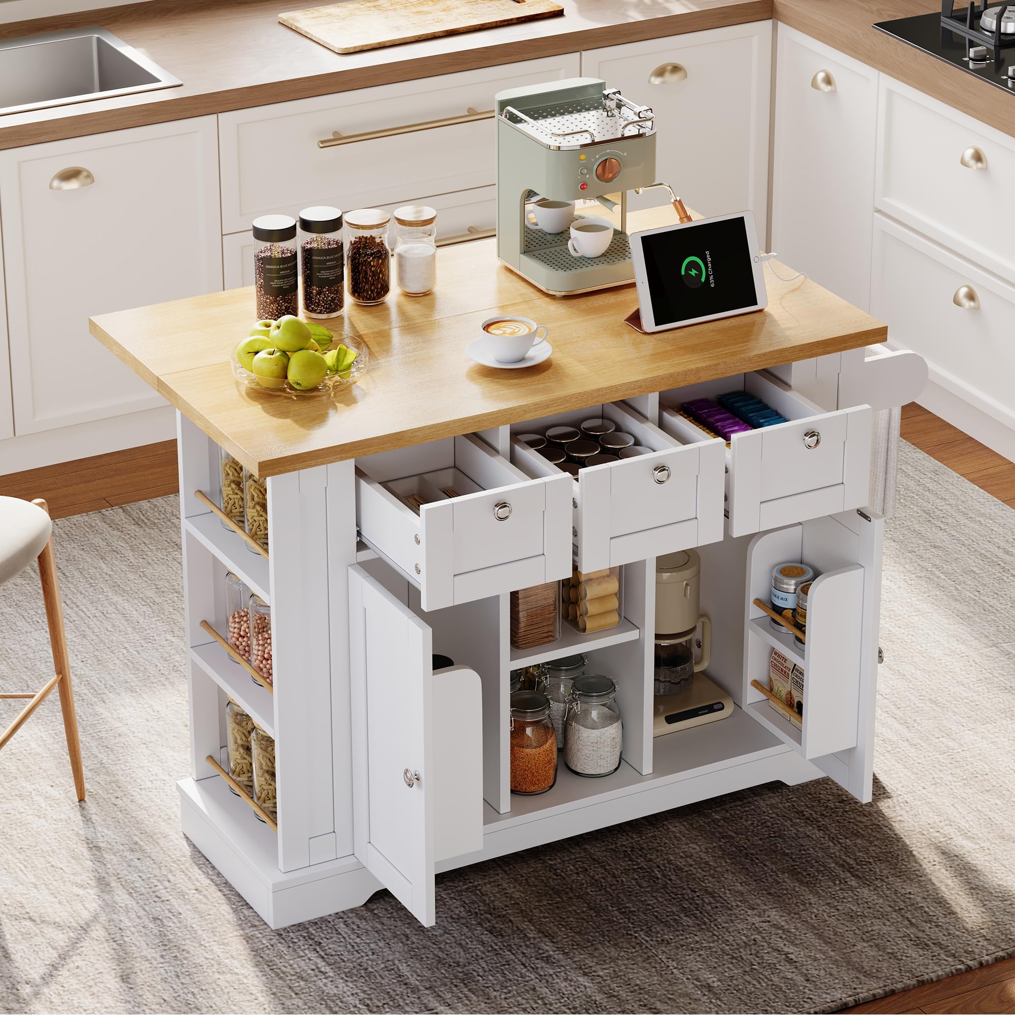 Kitchen Island - Carrello con rotelle da 132 cm, con piano di lavoro a ribalta, tavolo da pranzo in stile country, cassetti, portaspezie e porta asciugamani, finitura naturale/bianca