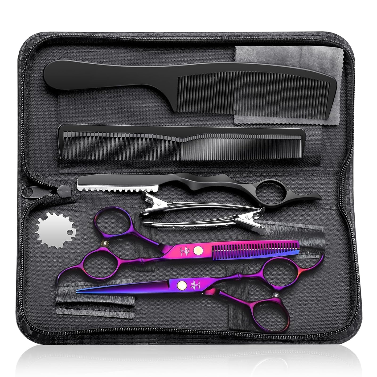 PURPLEBIRD Haarschneideschere, Profi Haarschere Friseurschere Set aus Edelstahl Haarschneideschere und Effilierschere für Barbier/Friseur/Anfänger 10 Stück (Lila)
