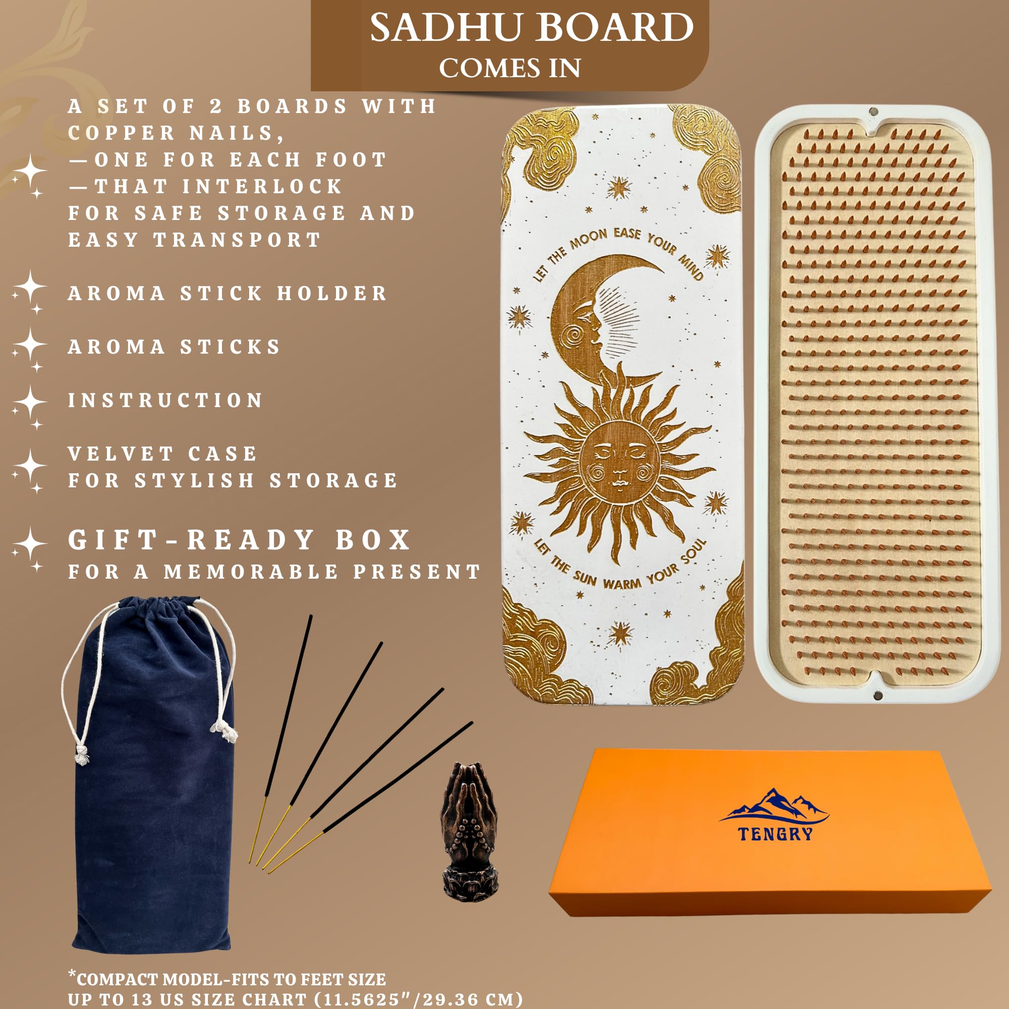 TENGRY Sadhu Board, Anfänger, extra leichtes Sadhu-Brett, 8 mm, Sechseck, Blume des Lebens, Aluminiumnägel, schlankes Sadhu-Holzbrett für Yoga, Akupunktur-Fußmassage
