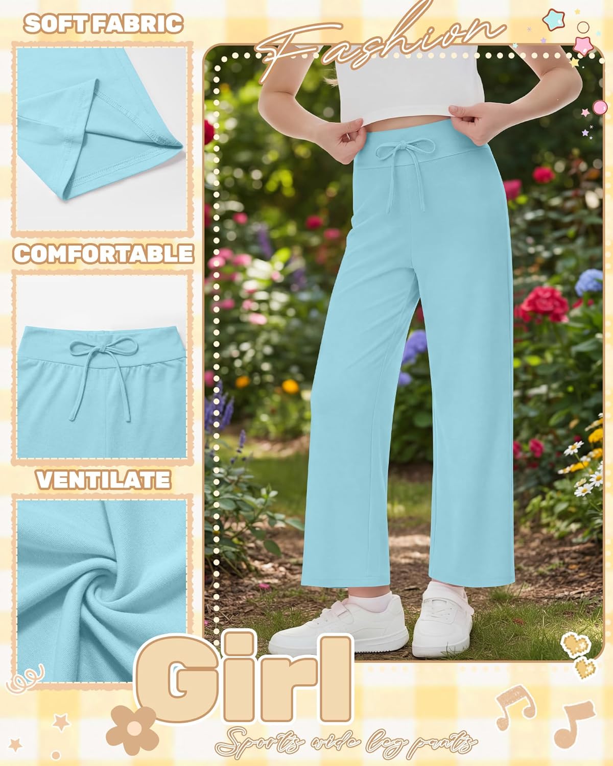 3 Pack Girl's Wide Leg Sweatpants Open Bottom Joggers with Drawstring Casual Baggy Sweat Pants 5-14 Years(Army Green, Pink, Blue,5-6 Years)