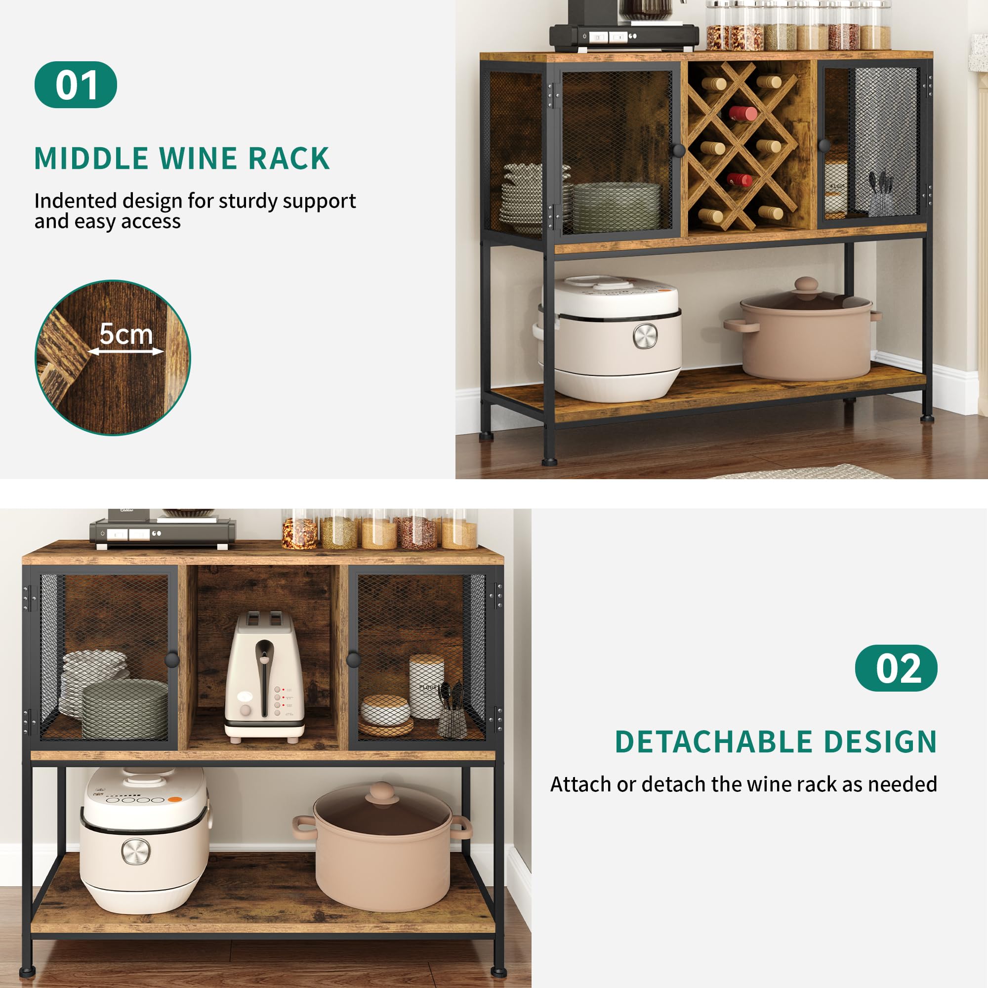 YITAHOME Gabinetes de Cocina con Soporte para Vino, aparador de Almacenamiento, gabinete de Vino Buffet, aparadores para Sala de Estar, armarios de Comedor, aparadores con 2 Puertas 100 x 85 x 35 cm