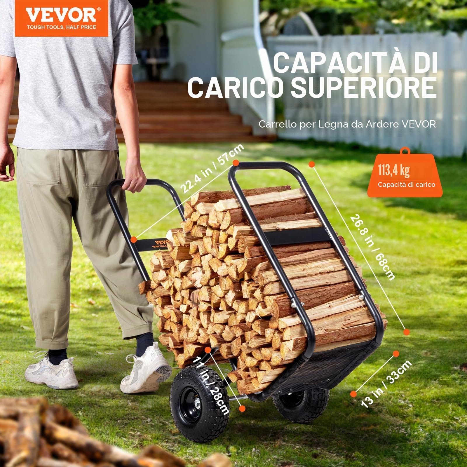 VEVOR Carrello per legna da ardere, 113,4 kg, per esterni e interni, con ruote pneumatiche, trasportatore in acciaio resistente, supporto per camino