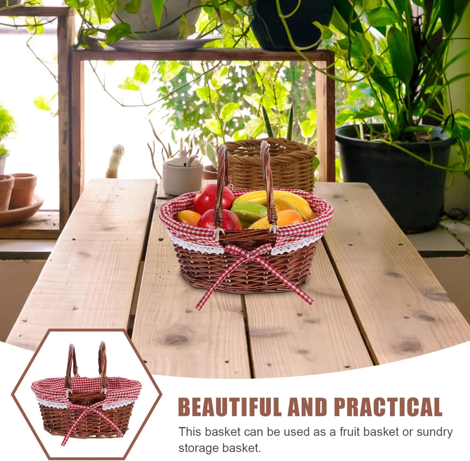 MERRYHAPY Wicker Picnic Basket Handles Hand Woven for Fruit and Candy Storage Outdoor Picnic Accessory for Easter Hunts and Home Decor