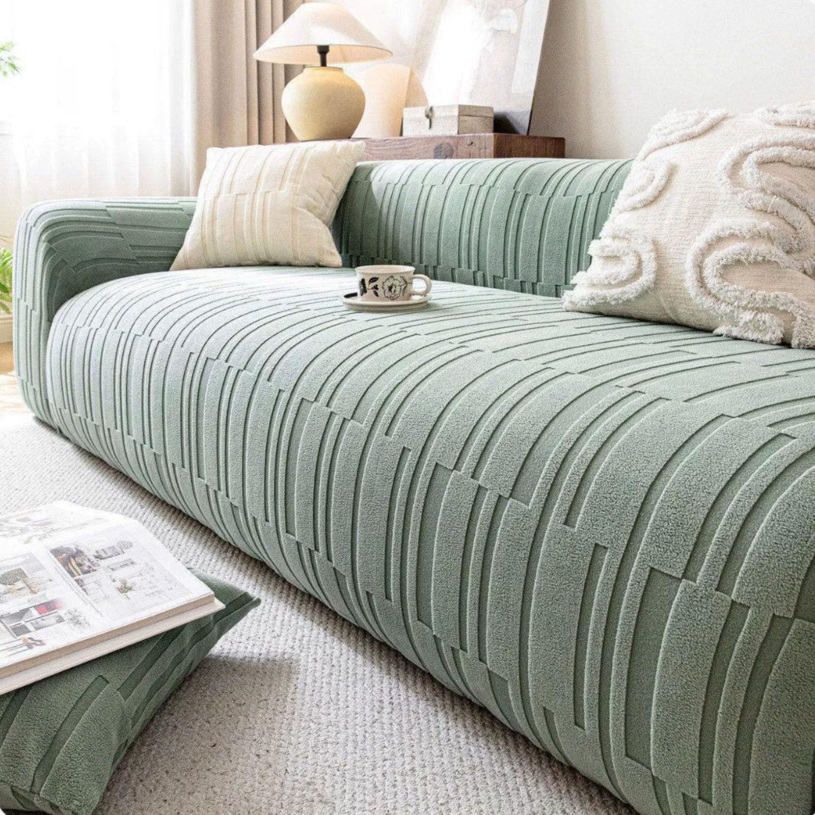 Hixingo Jacquard Plüsch rutschfest 1 2 3 4 5 Sitzer Sofa Überzug (Green,5-Sitzer)