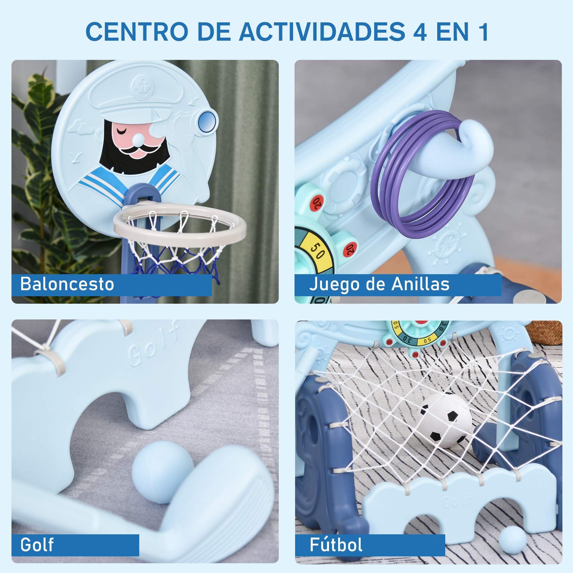 HOMCOM Canasta de Baloncesto con Soporte 4 en 1 Juego de Golf Balón de Fútbol con Altura Ajustable Centro de Actividades para Niños de +3 Años 58x56x154 cm Azul