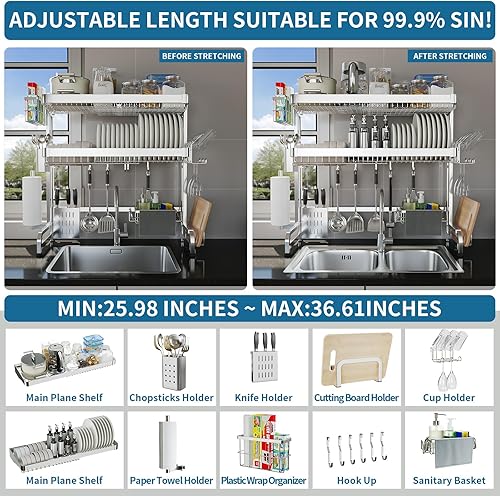 Miniatura 3 de LIVOD Escurridor de platos sobre el fregadero, 3 niveles sobre el fregadero, escurridor de platos ajustable de acero inoxidable (29.1 a 37.4