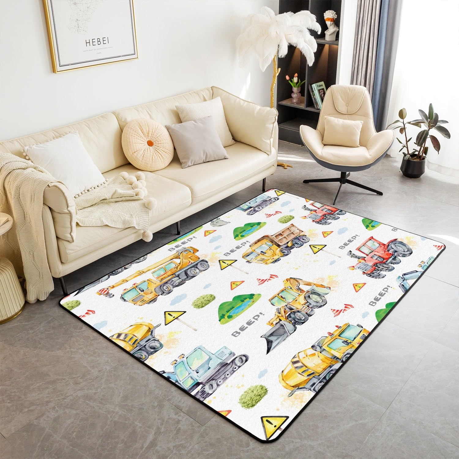 Loussiesd Dywaniki do salonu dla dzieci z motywem ciężarówki, do sypialni, chłopcy, malucha, kreskówki, samochodu, 150 x 200 cm, wytrzymałe buldożery, koparka, dekoracja, dekoracyjny dywan, dywan