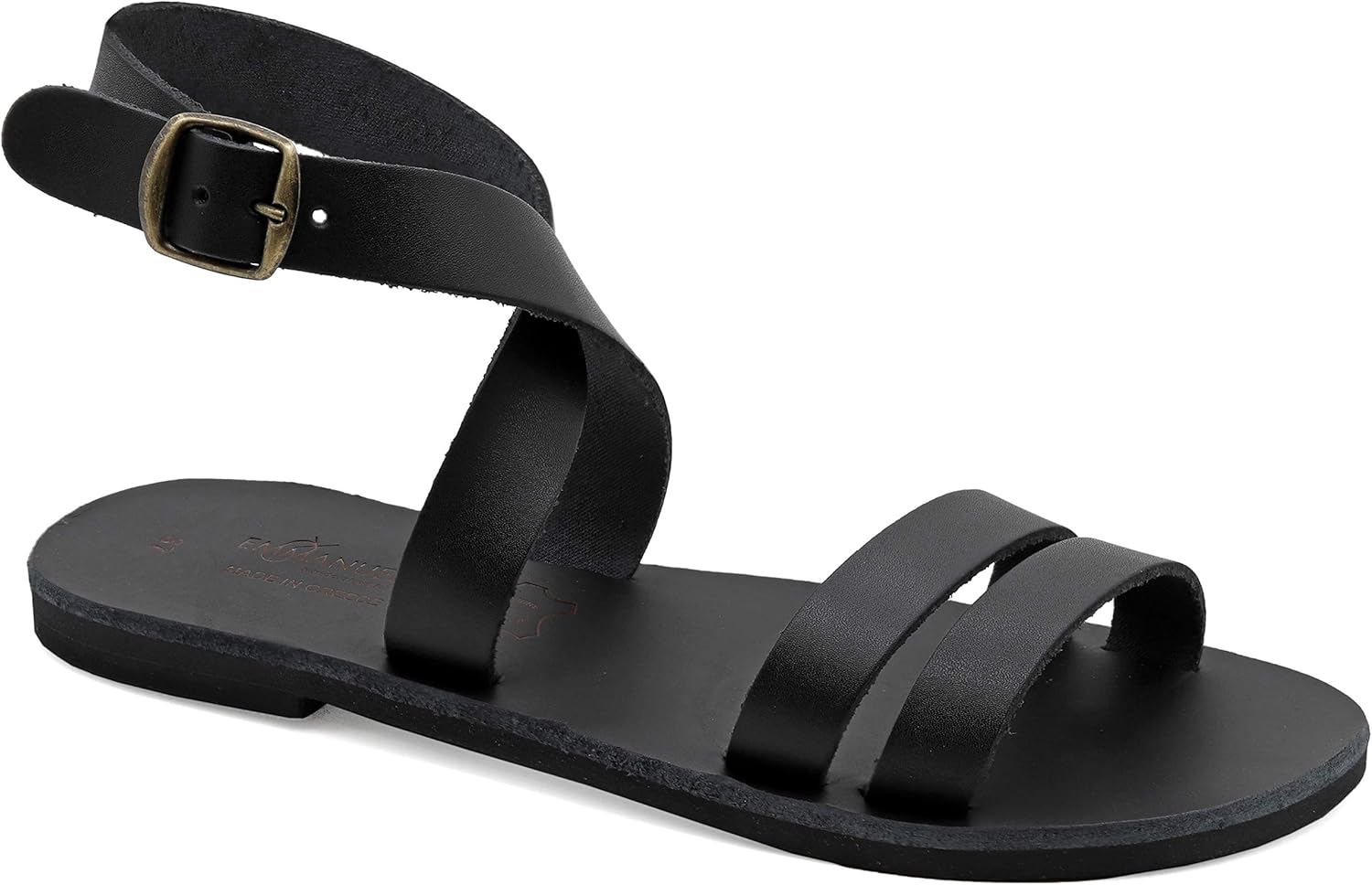 Size 8 Black Emmanuela Greek Handmade Leather Flat Sandals, Quality Ankle Strap Sandals with adjustable buckle, Ankle Cuff Summer Shoes, Open Toe Strappy Sandals, Boho Chic Sandals