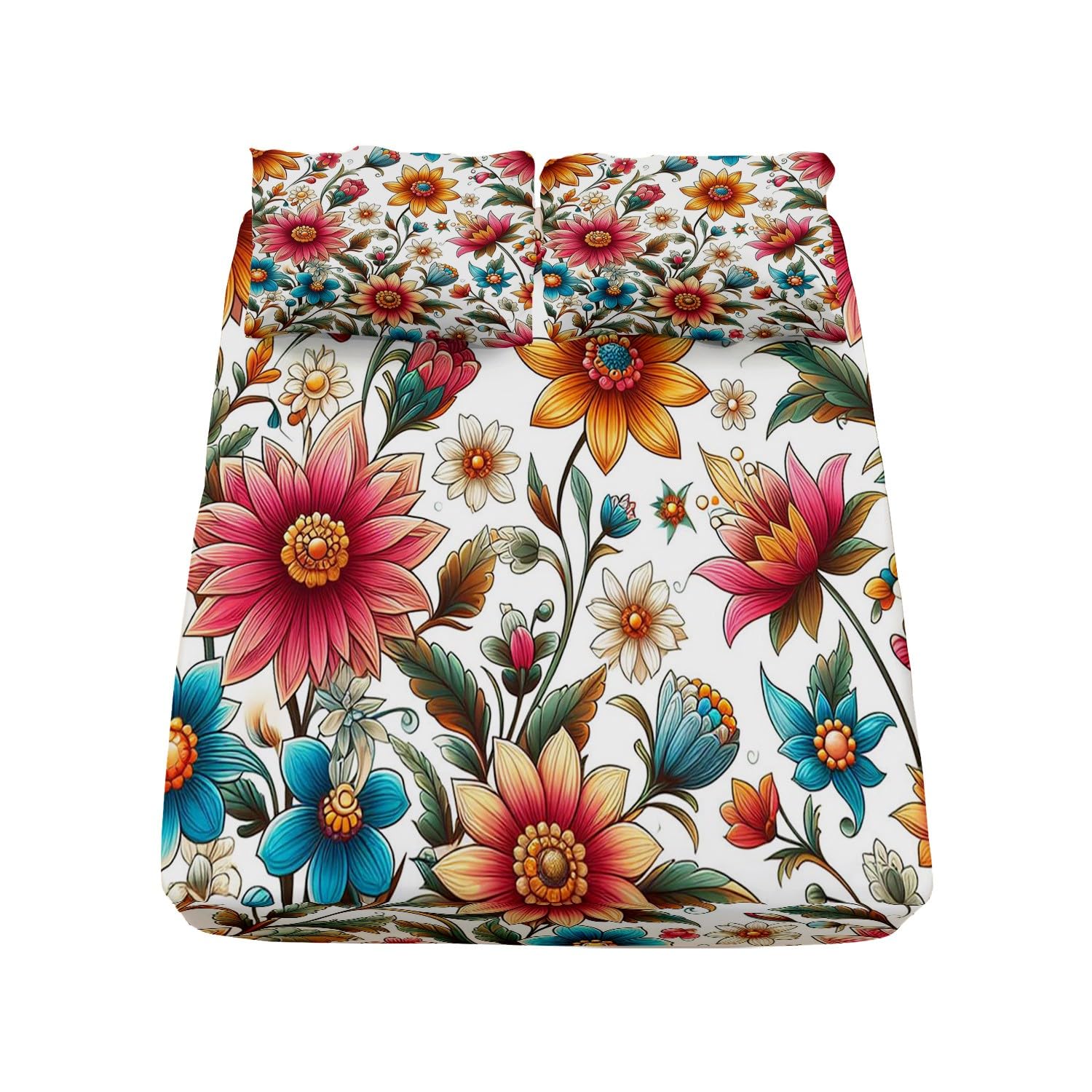 Fitted Sheet Single Size Brushed Microfibre 30cm Deep Fitted Bed Sheet, Vintage Botanical Flower Fitted Sheet, Colorful Bedding Set, Soft & Breathable Fitted Sheet with 2 Pillow Case