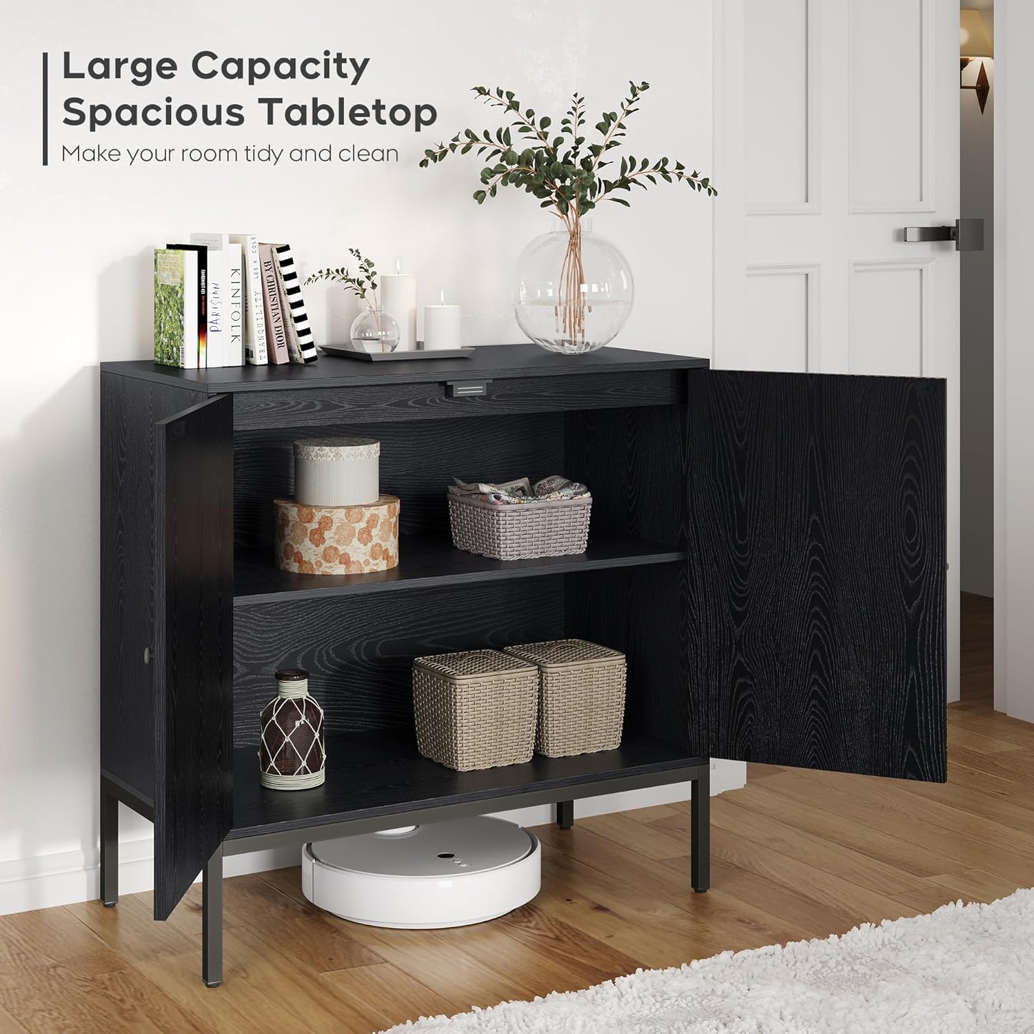Brafab Set of 3 Black Sideboard Buffet Cabinet with Natural Rattan Decorated Doors, 31.5" W Rattan Credenza Storage Cabinet, Boho Cabinet for Living Room, Entryway, Dining Room/Square Doors