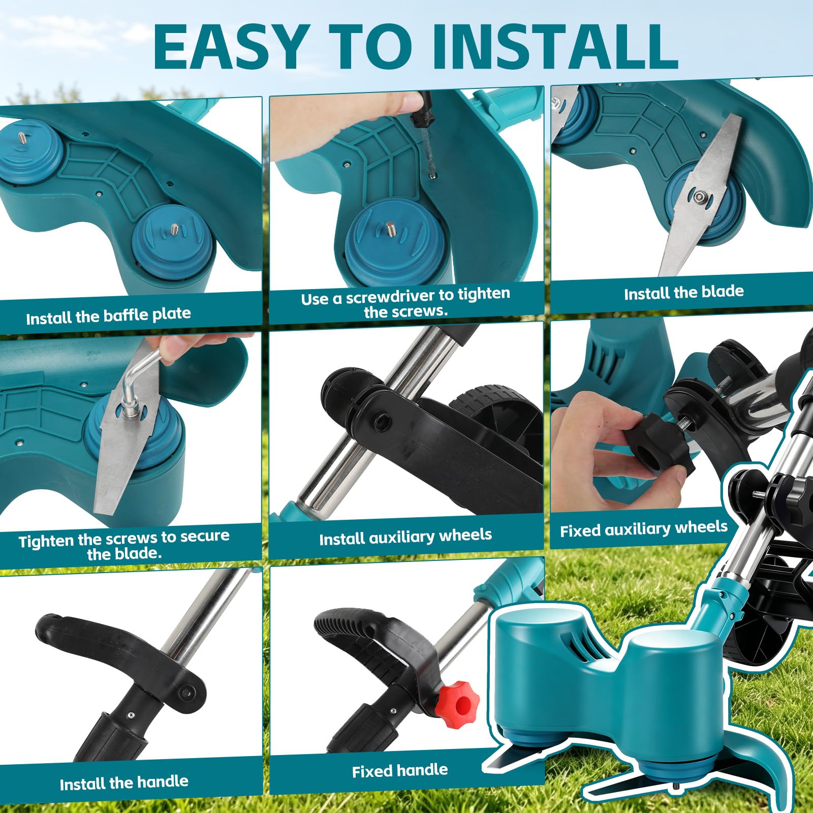 Desbrozadora inalámbrica con batería de 3000 mAh y cargador, 15000 rpm, cortacésped giratorio de doble cabeza con 6 cuchillas + rueda de apoyo, plegable y portátil, para jardín y malas hierbas