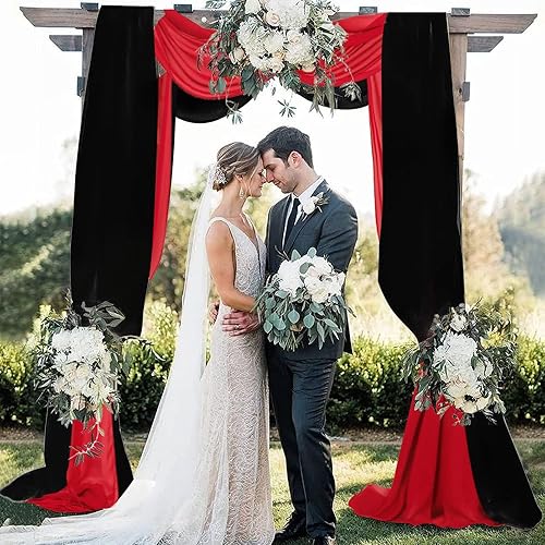 AMZLOKAE Cortinas de arco de boda negras, 2 paneles de tela de gasa roja de 18 pies, arco de boda, 6 yardas, ceremonia de boda, recepción,