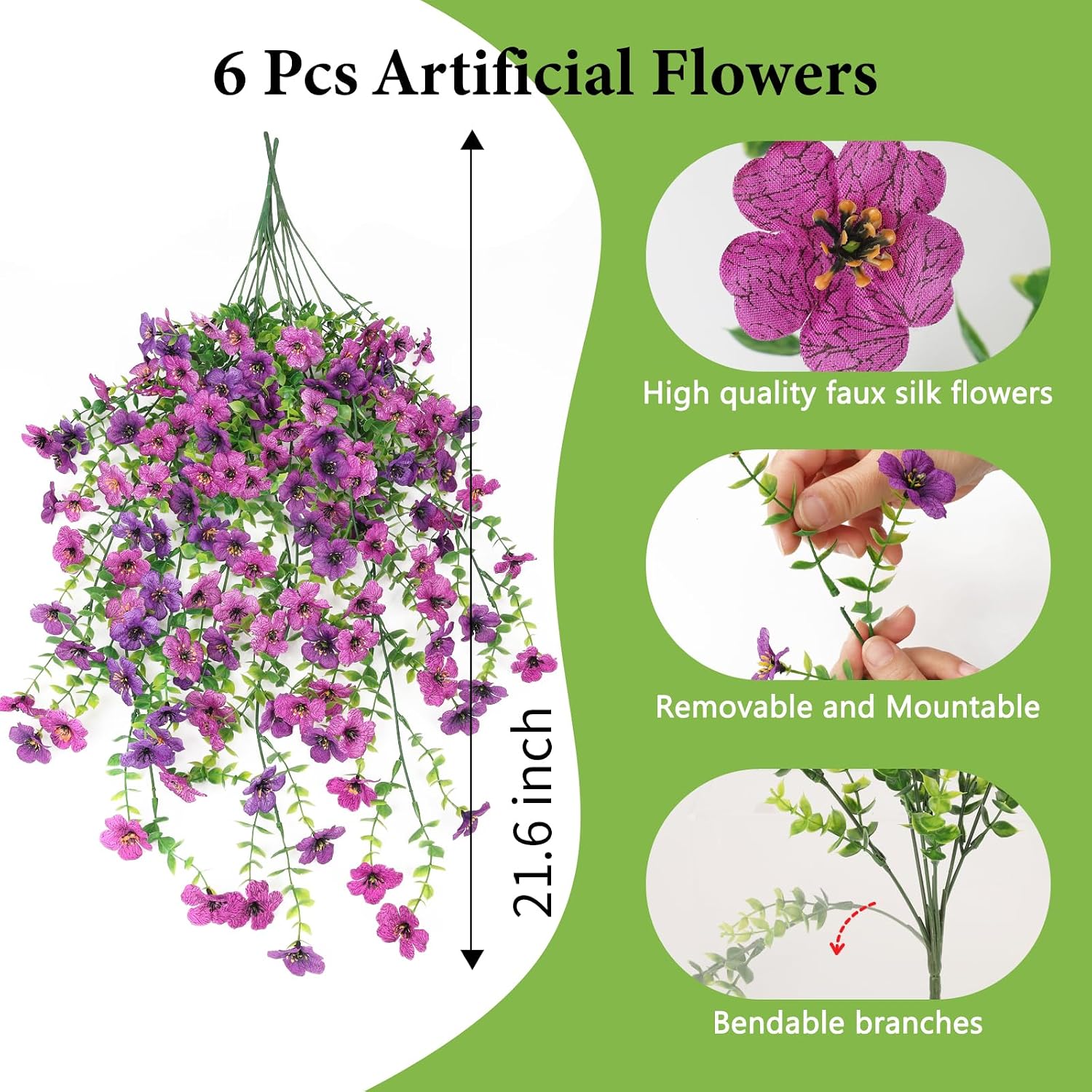 Artificial Fake Hanging Flowers Plants for Outdoor Spring Decoration,6 PCS Faux Silk Daisy with Eucalyptus Leaves,UV Resistant Look Real for Outside Home Indoor Planter Porch Patio Balcony Yard Decor