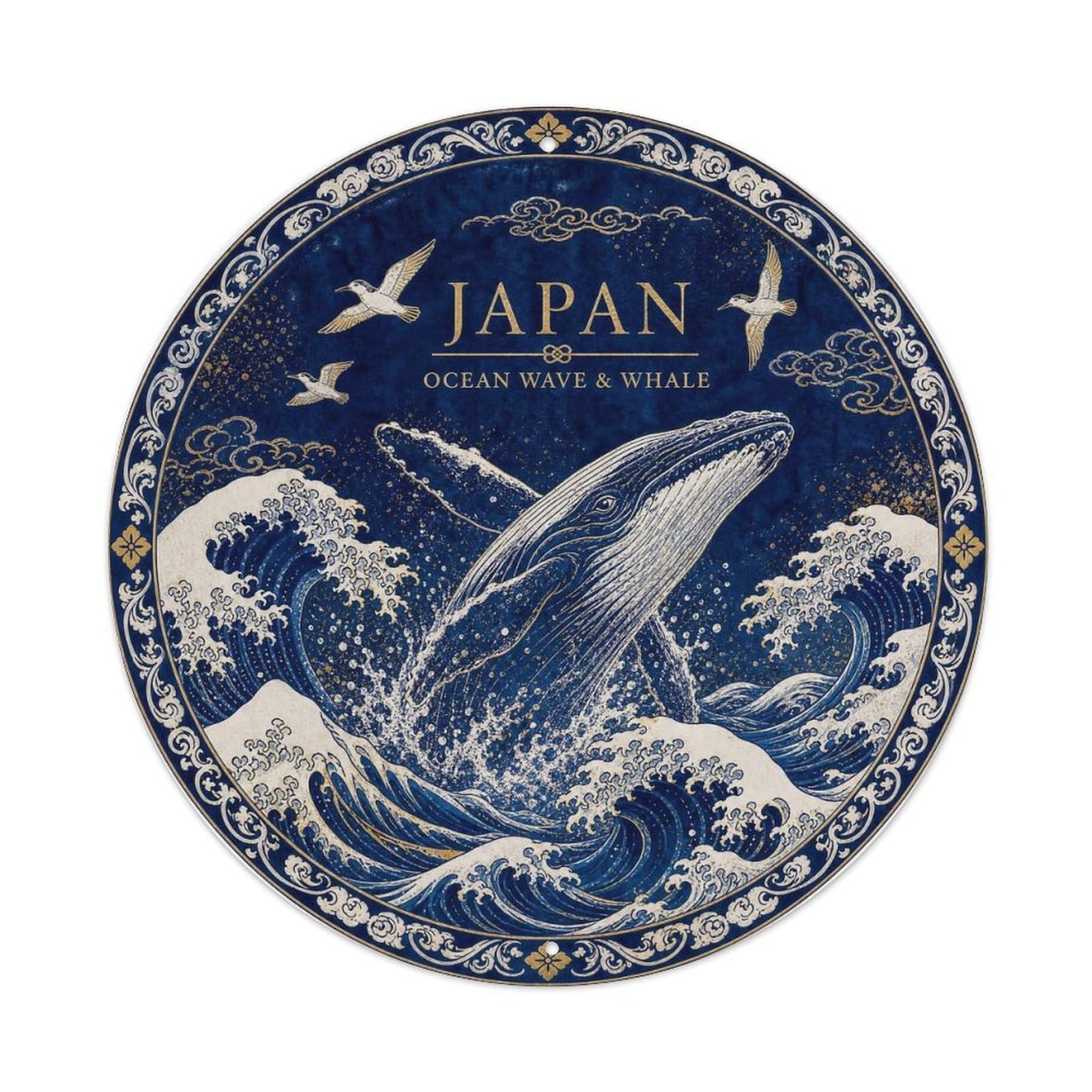 Olyhtr 8X8inch Classic Style Arita Japan Wave Whale Ceramic Folk Pattern Metal Tin Sign