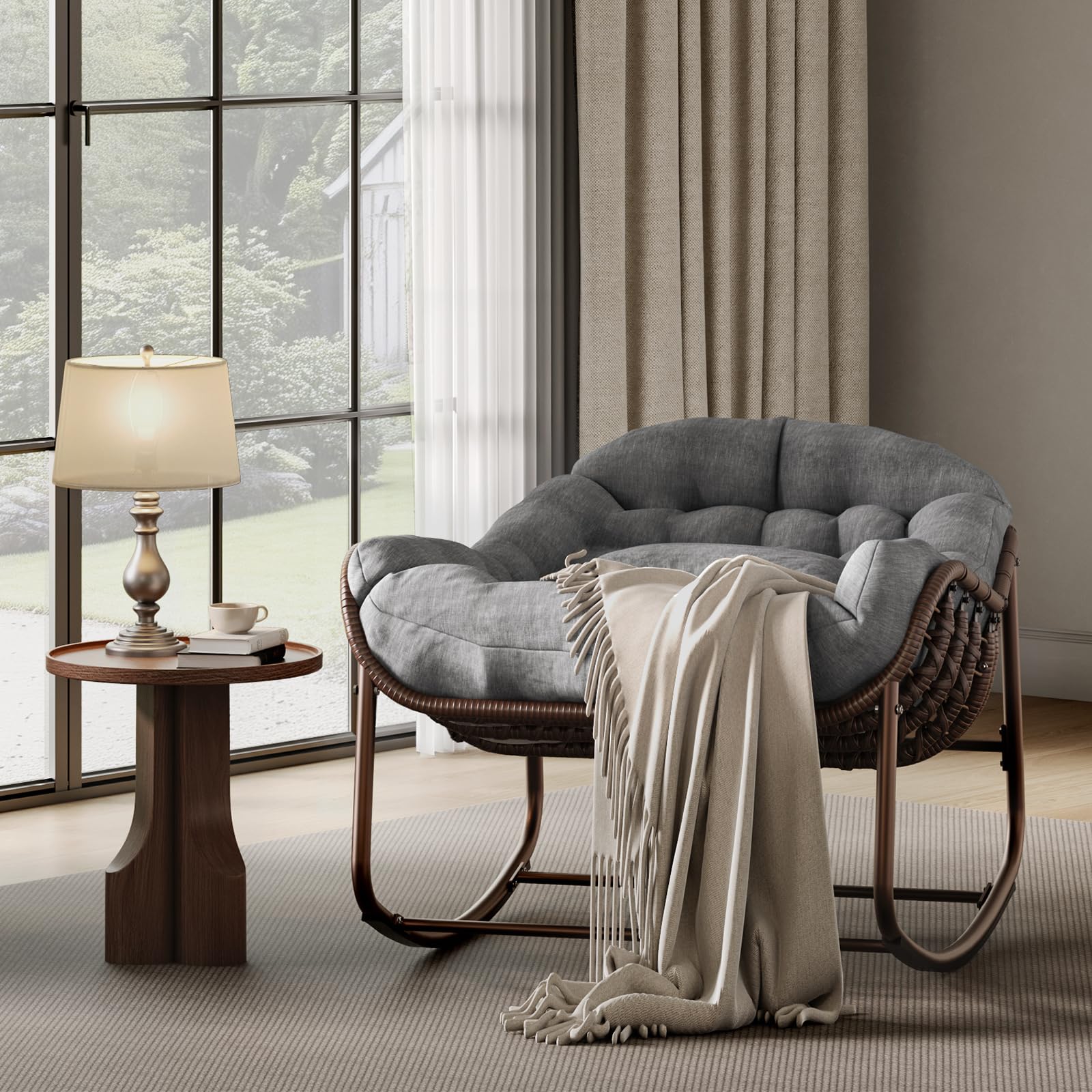 Ei-Schaukelstuhl Mit Rattan Und Polster, Schaukelsessel Mit Eisenrahmen Sitzhöhe 80cm, Gepolsterter Relaxsessel Für Wohnzimmer Balkon Garten Outdoor, Braun Pulverbeschichtet Dunkelgrau