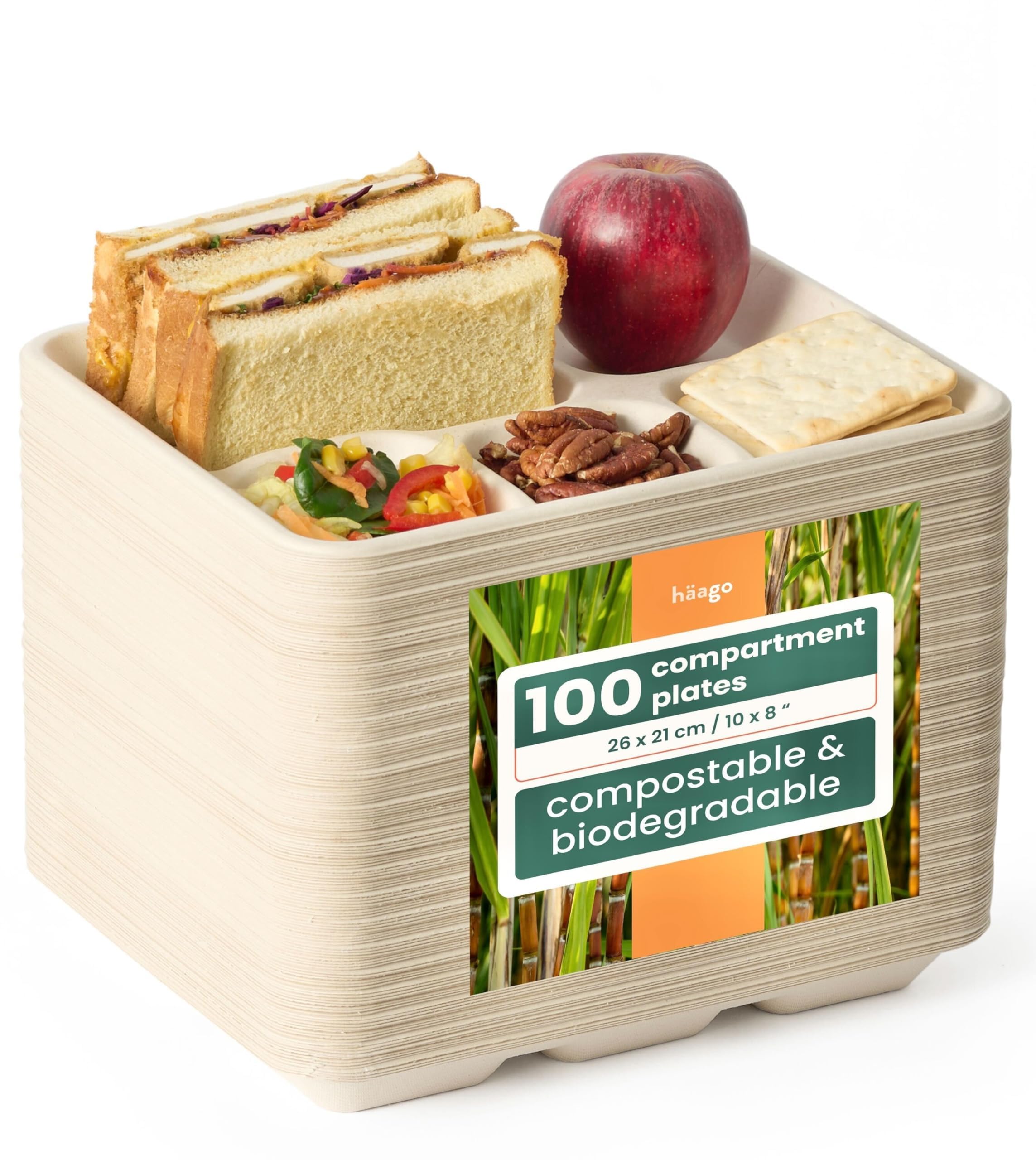 HAAGO 100 Biodegradable Compartment Plates 26x21cm – 5 Section Sugarcane Bagasse Trays - Strong, Grease- & Leak-Proof - Compostable Paper Plates for Hot & Cold Food, Party & Catering