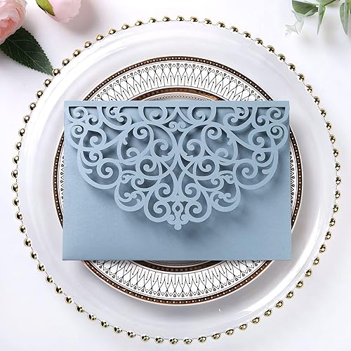 Vista 22 de ponatia 5.12 x 7.2 Invitaciones de boda de corte láser con purpurina negra, bolsillos de invitación triples cortados con láser con sobres