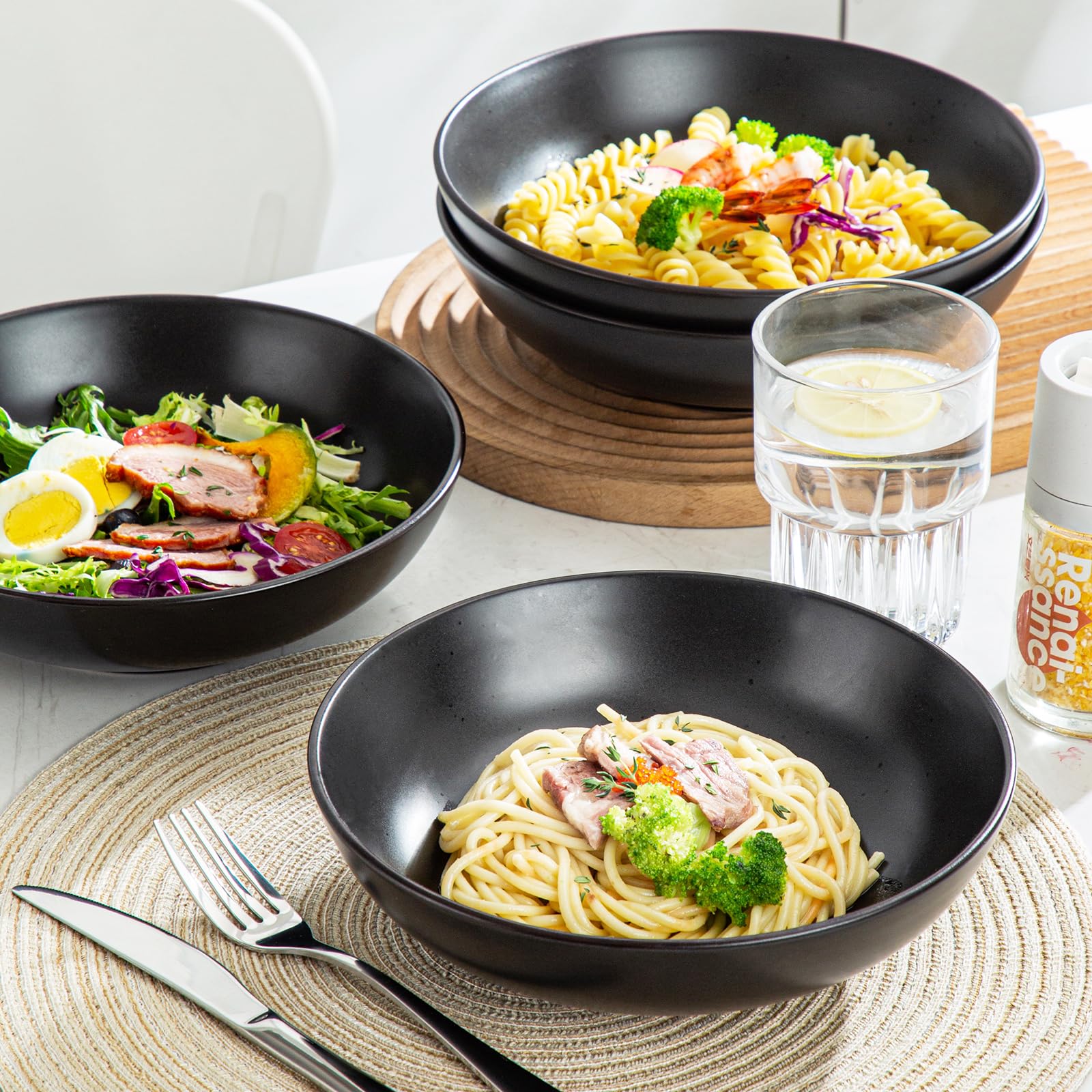 vancasso MODA Ciotole per Pasta Set di 4, 22.3 x 6.3 cm Piatti Fondi in Gres, Piatti per Pasta, 45 oz Ciotole Grandi per Insalata, Adatti al Forno a Microonde e Lavastoviglie, Nero