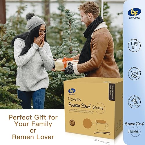 Miniatura 4 de BF BEVYFOG Juego de cuencos para ramen con palillos, cuencos de cerámica grandes de fideos instantáneos de cerámica con tapa, envoltura de regalo,