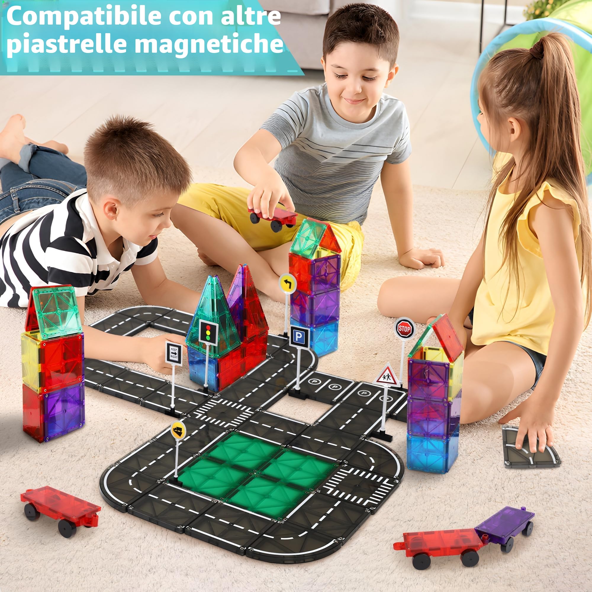 Playmags Set Magnetico da Strada con Piastrelle, 50 Pezzi, Giocattolo Educativo STEM, con Pista Auto, Mattoncini da Costruzione, Giocattolo Magnetico per Bambini, Sicuro dai 3 Anni in su