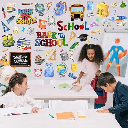 Miniatura 6 de Sabary 87 calcomanías de regreso a clases, decoración de tablón de anuncios para el primer día de escuela, calcomanías de pared de búho, autobús