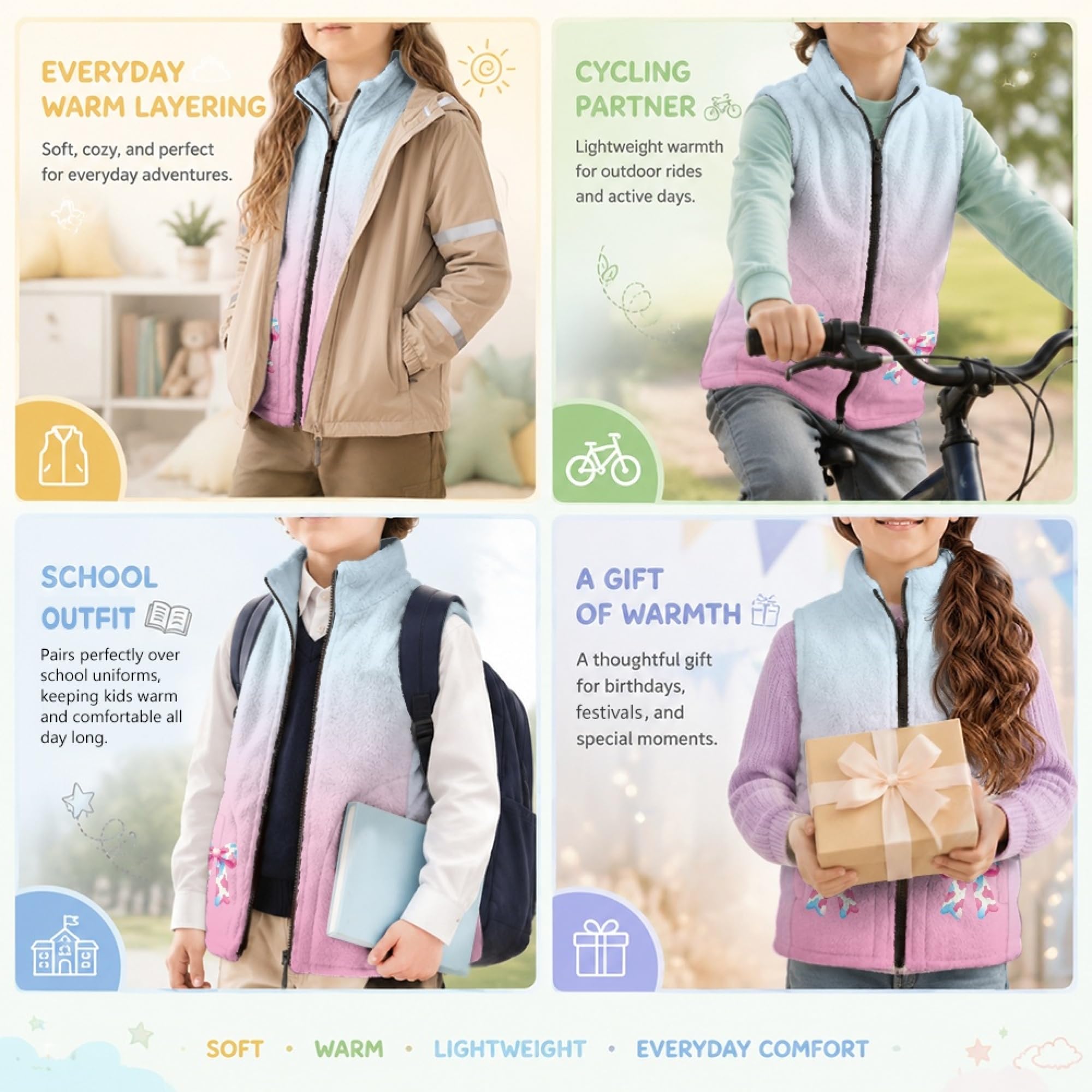 Amzbeauty Chaleco de forro polar para niños, sin mangas, estampado de lazo